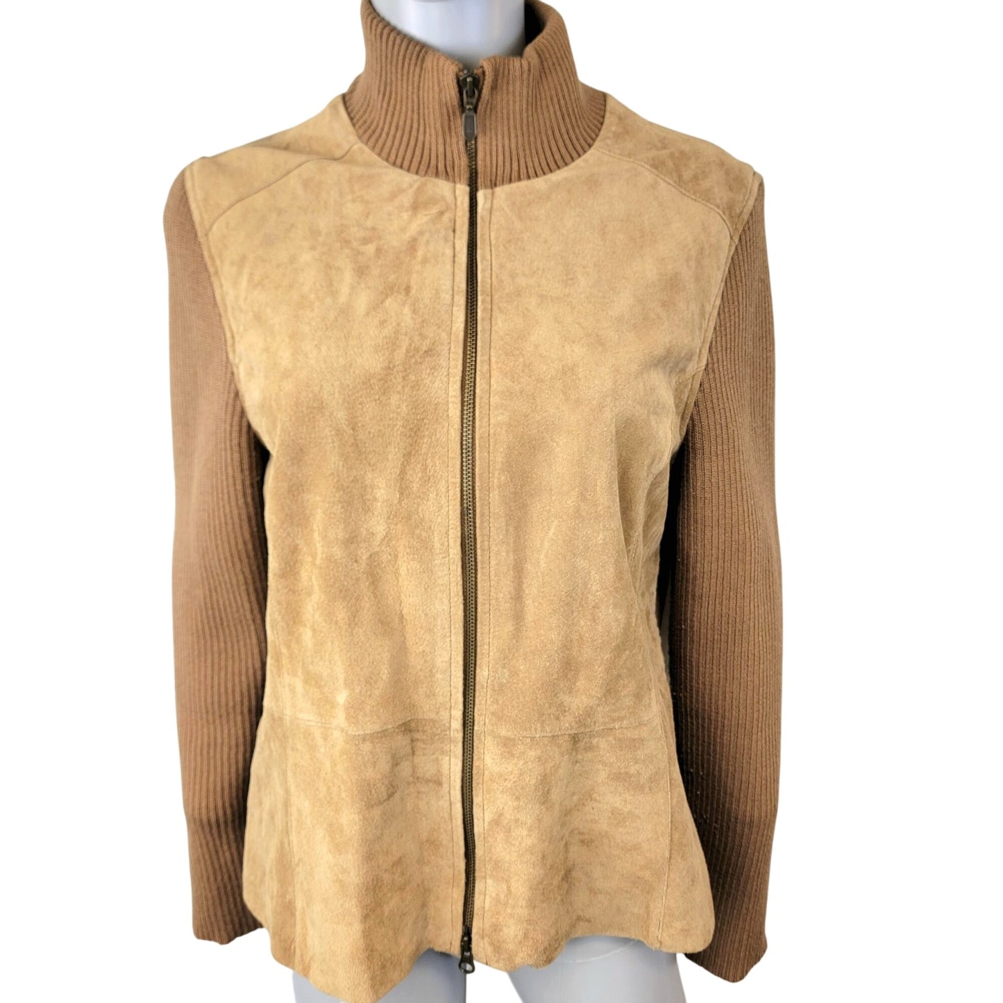 Vintage 90s Suede Leather Jacket Women Large Tan Ribbed Sleeve Zip Elbow Patch L