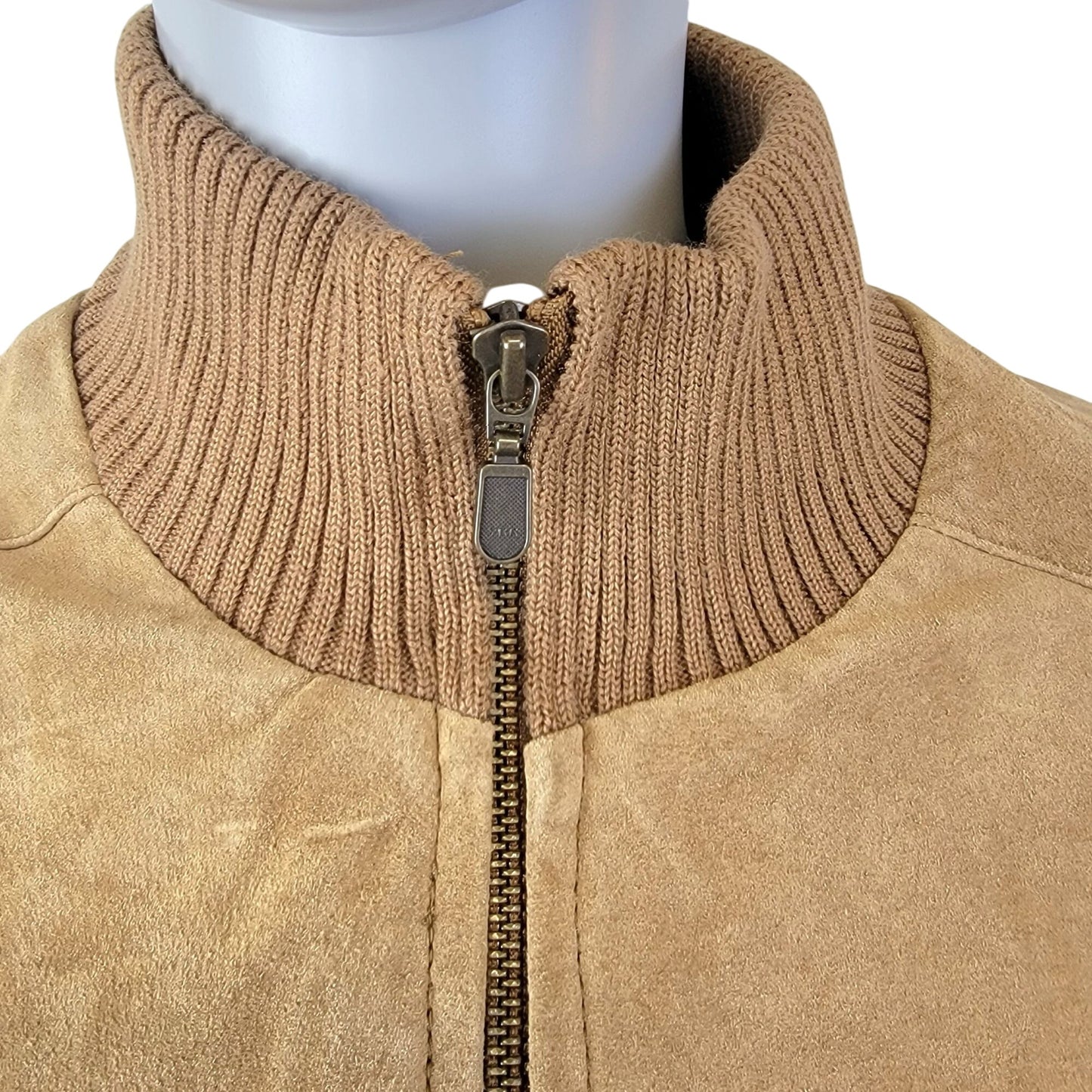 Vintage 90s Suede Leather Jacket Women Large Tan Ribbed Sleeve Zip Elbow Patch L
