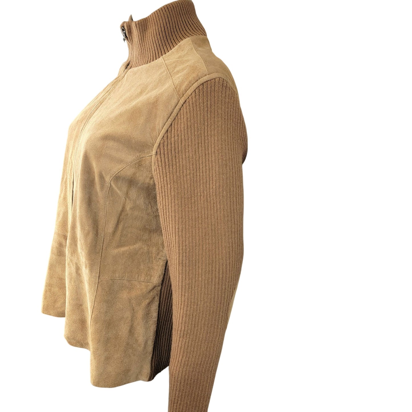Vintage 90s Suede Leather Jacket Women Large Tan Ribbed Sleeve Zip Elbow Patch L