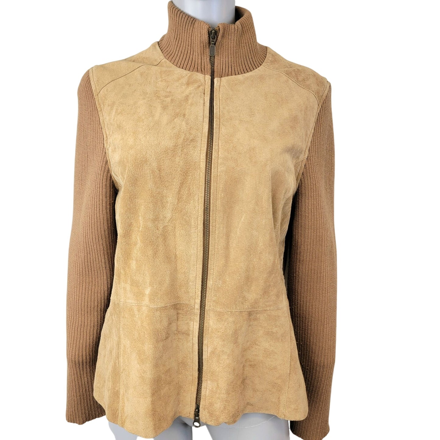 Vintage 90s Suede Leather Jacket Women Large Tan Ribbed Sleeve Zip Elbow Patch L