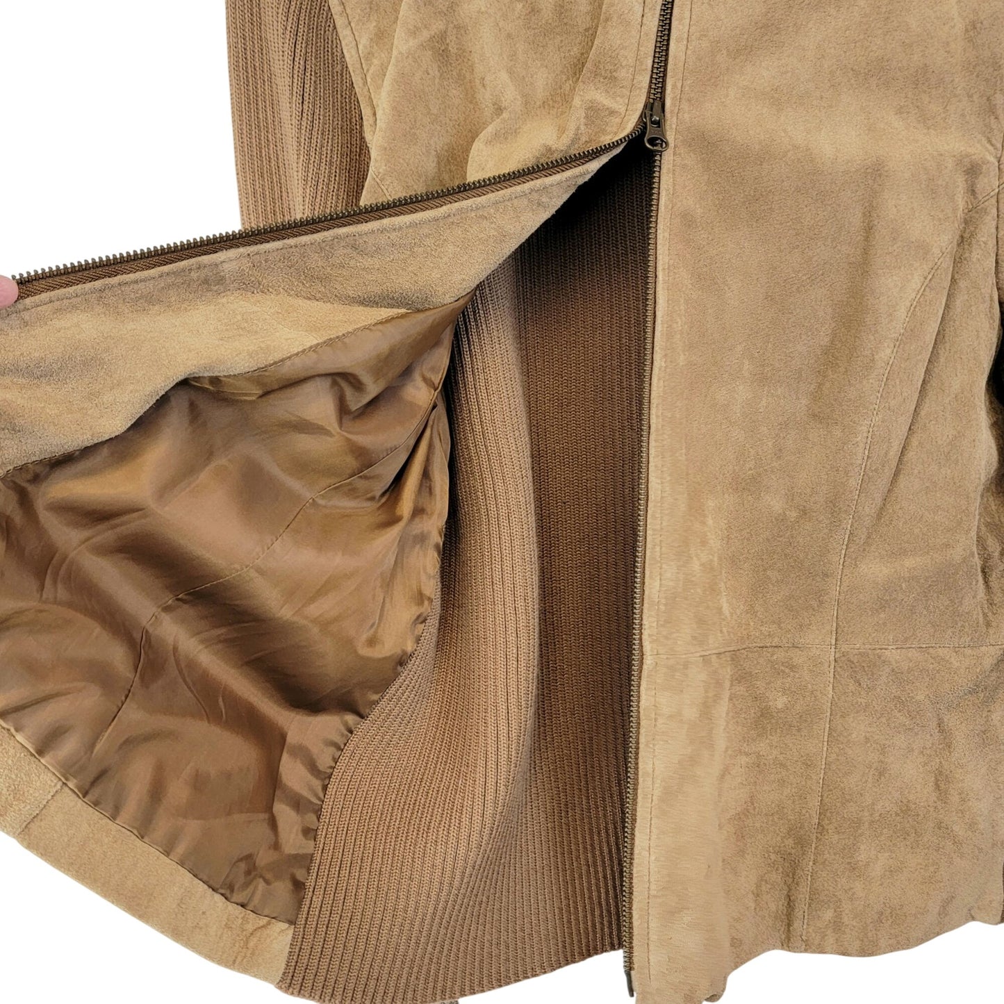 Vintage 90s Suede Leather Jacket Women Large Tan Ribbed Sleeve Zip Elbow Patch L