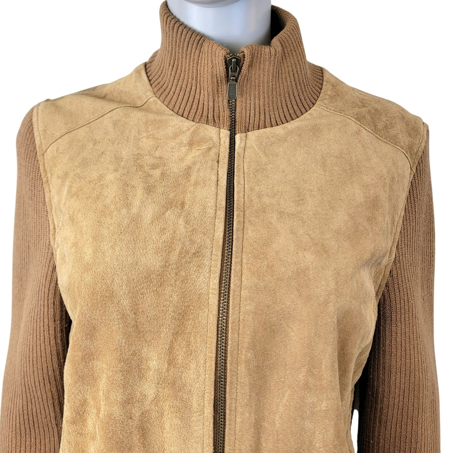 Vintage 90s Suede Leather Jacket Women Large Tan Ribbed Sleeve Zip Elbow Patch L