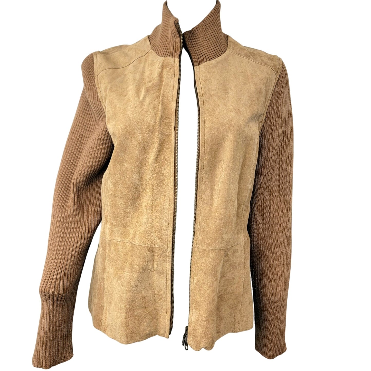 Vintage 90s Suede Leather Jacket Women Large Tan Ribbed Sleeve Zip Elbow Patch L