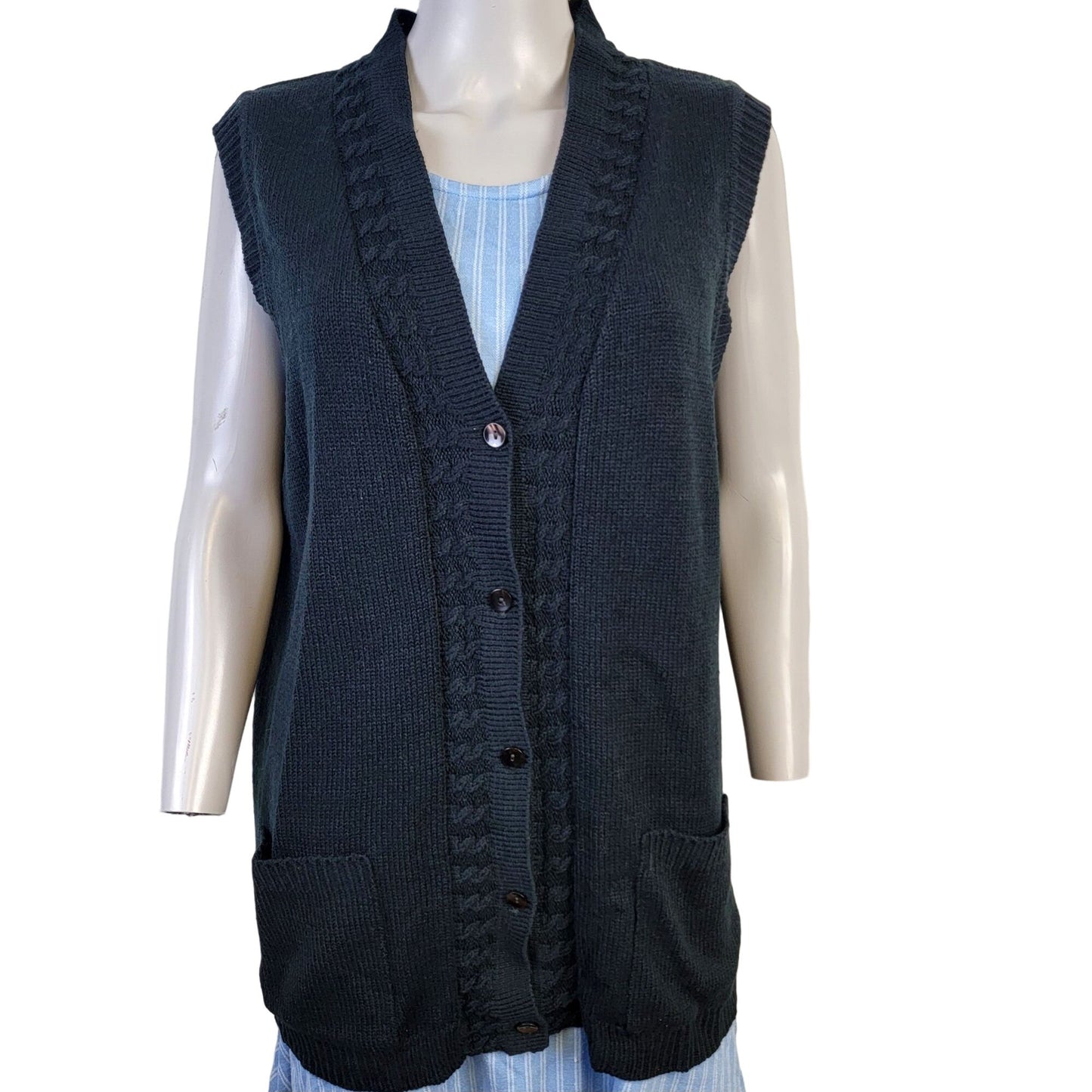 Vintage 90s Long Sweater Vest Women Large Black Oversized