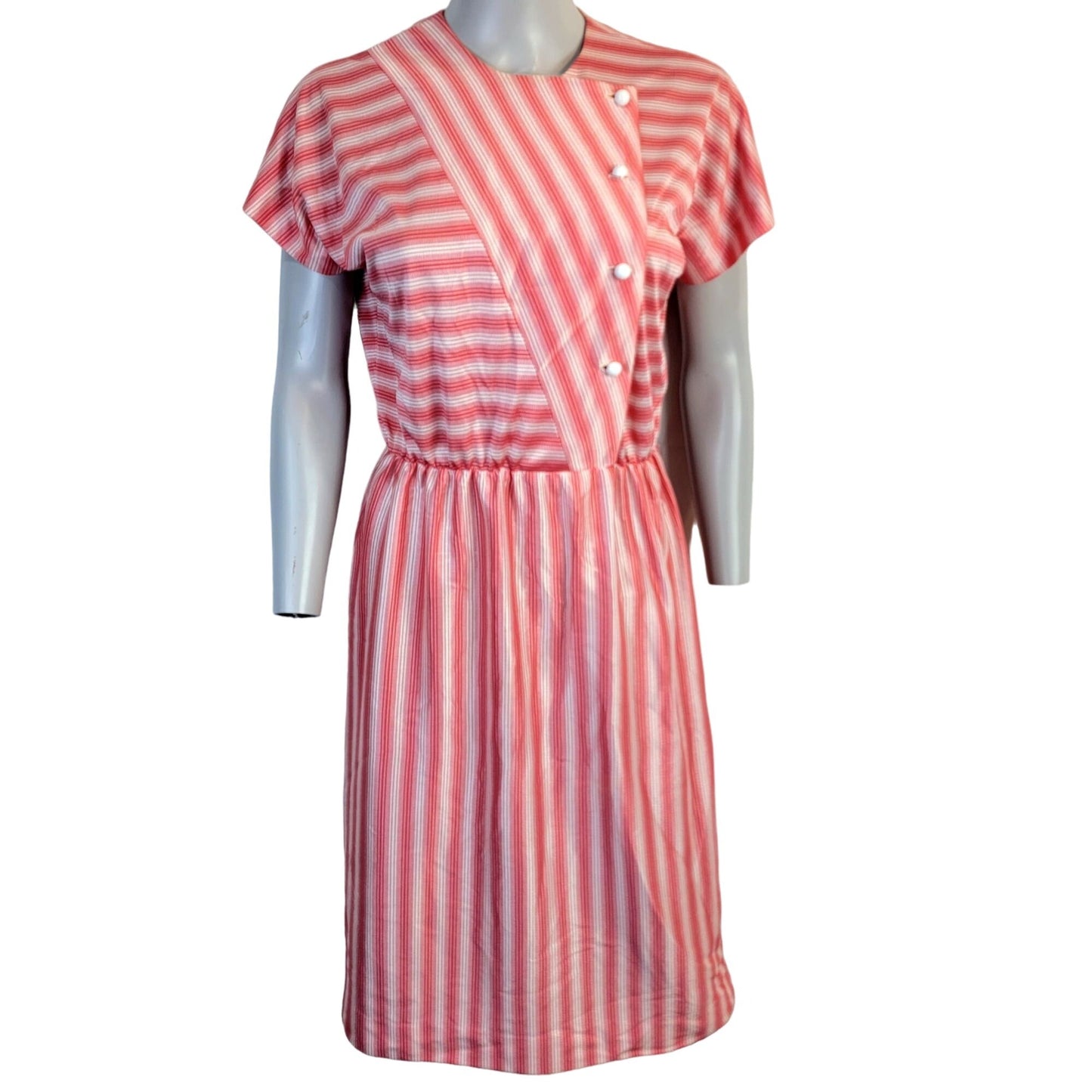 Vintage 50s Retro Stripe Button Dress Women Large Red Short Sleeve Knee Length