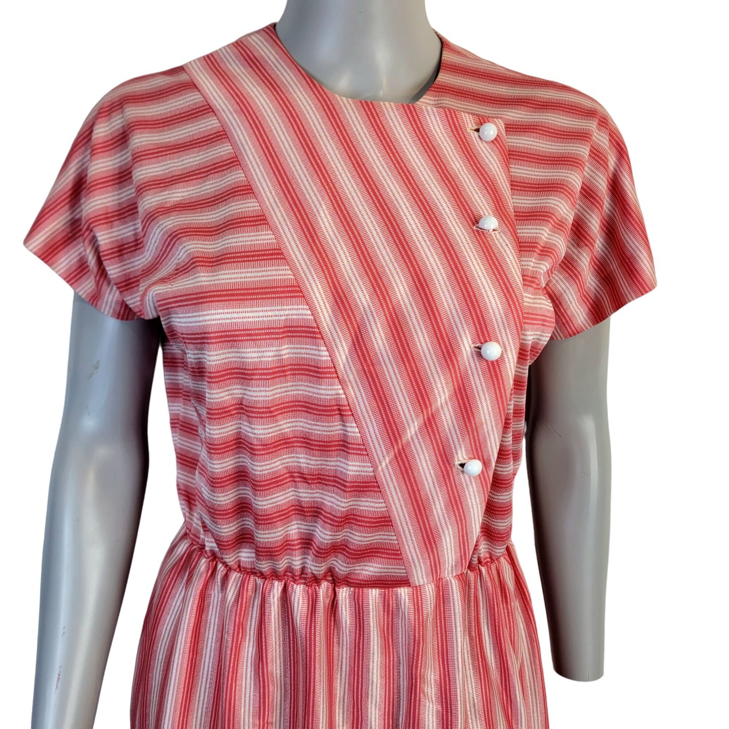 Vintage 50s Retro Stripe Button Dress Women Large Red Short Sleeve Knee Length