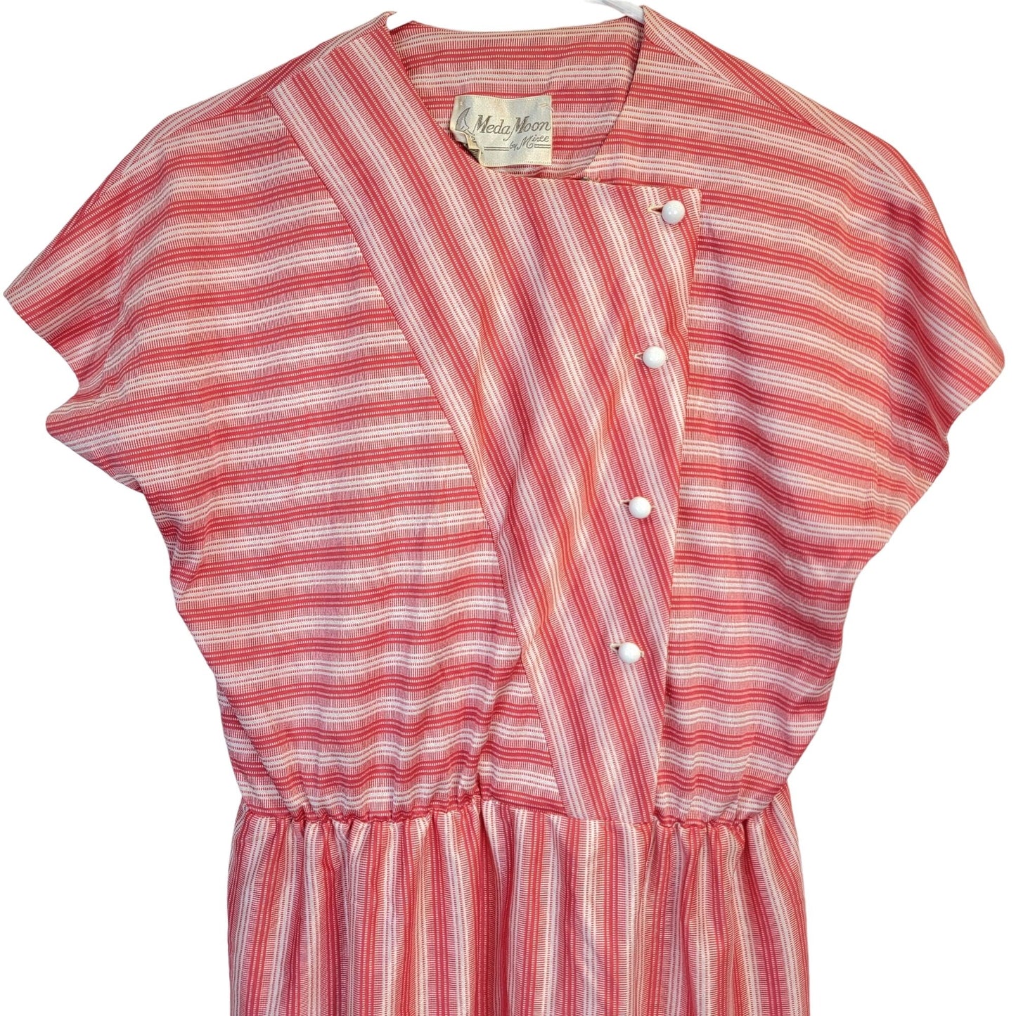 Vintage 50s Retro Stripe Button Dress Women Large Red Short Sleeve Knee Length