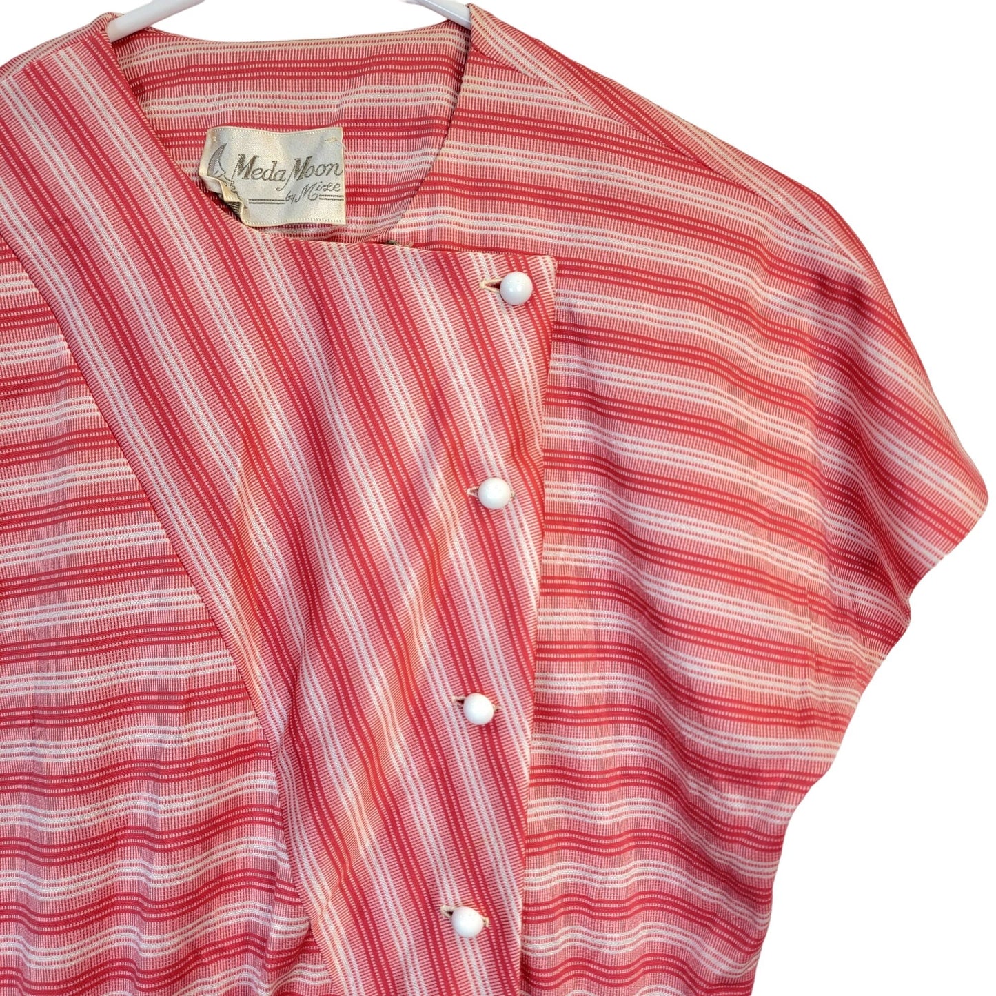 Vintage 50s Retro Stripe Button Dress Women Large Red Short Sleeve Knee Length