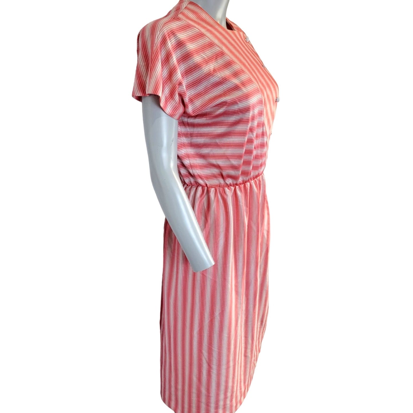 Vintage 50s Retro Stripe Button Dress Women Large Red Short Sleeve Knee Length