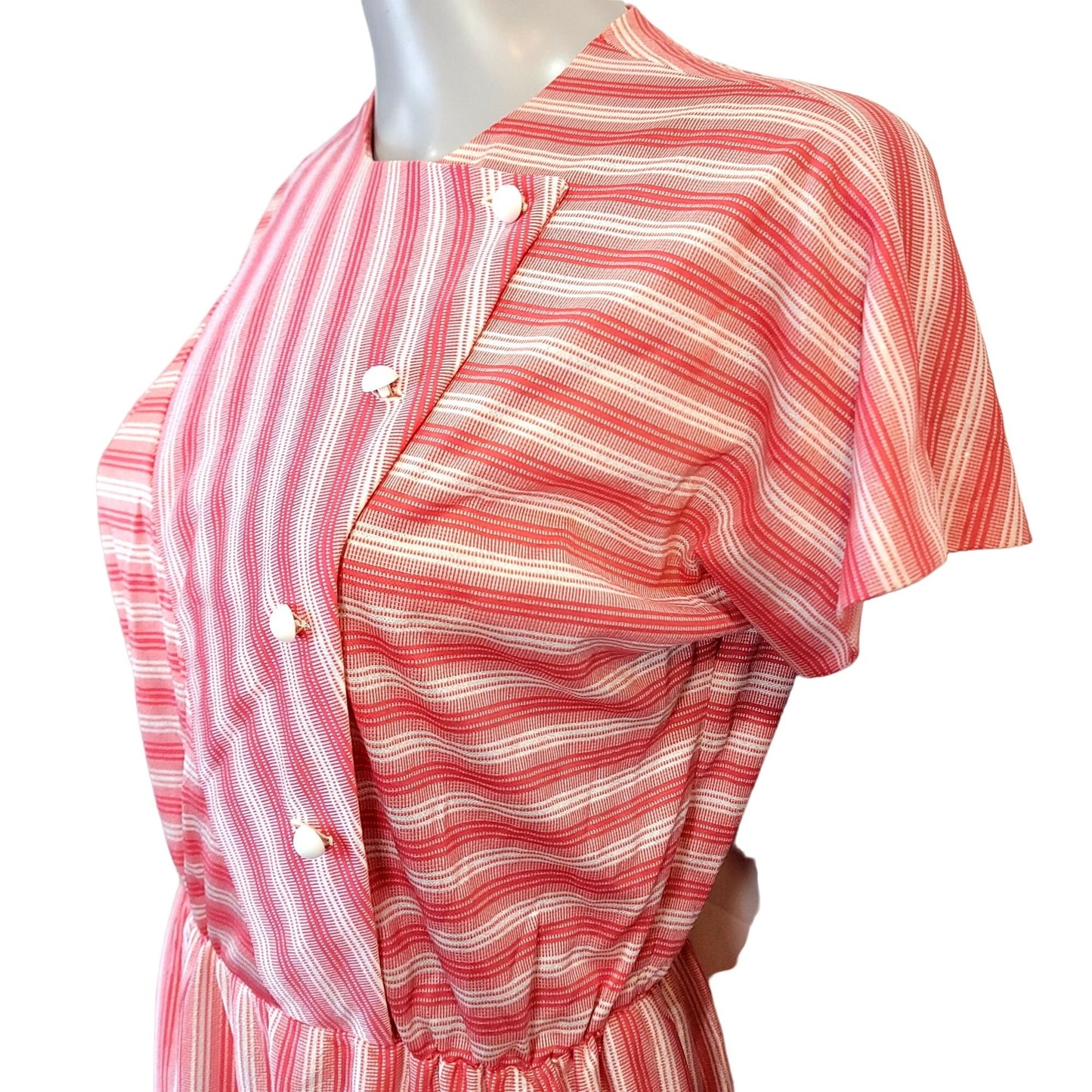 Vintage 50s Retro Stripe Button Dress Women Large Red Short Sleeve Knee Length