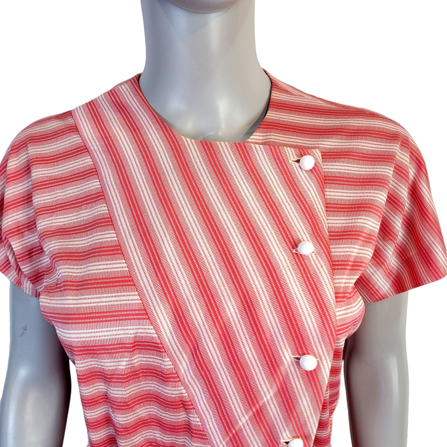 Vintage 50s Retro Stripe Button Dress Women Large Red Short Sleeve Knee Length