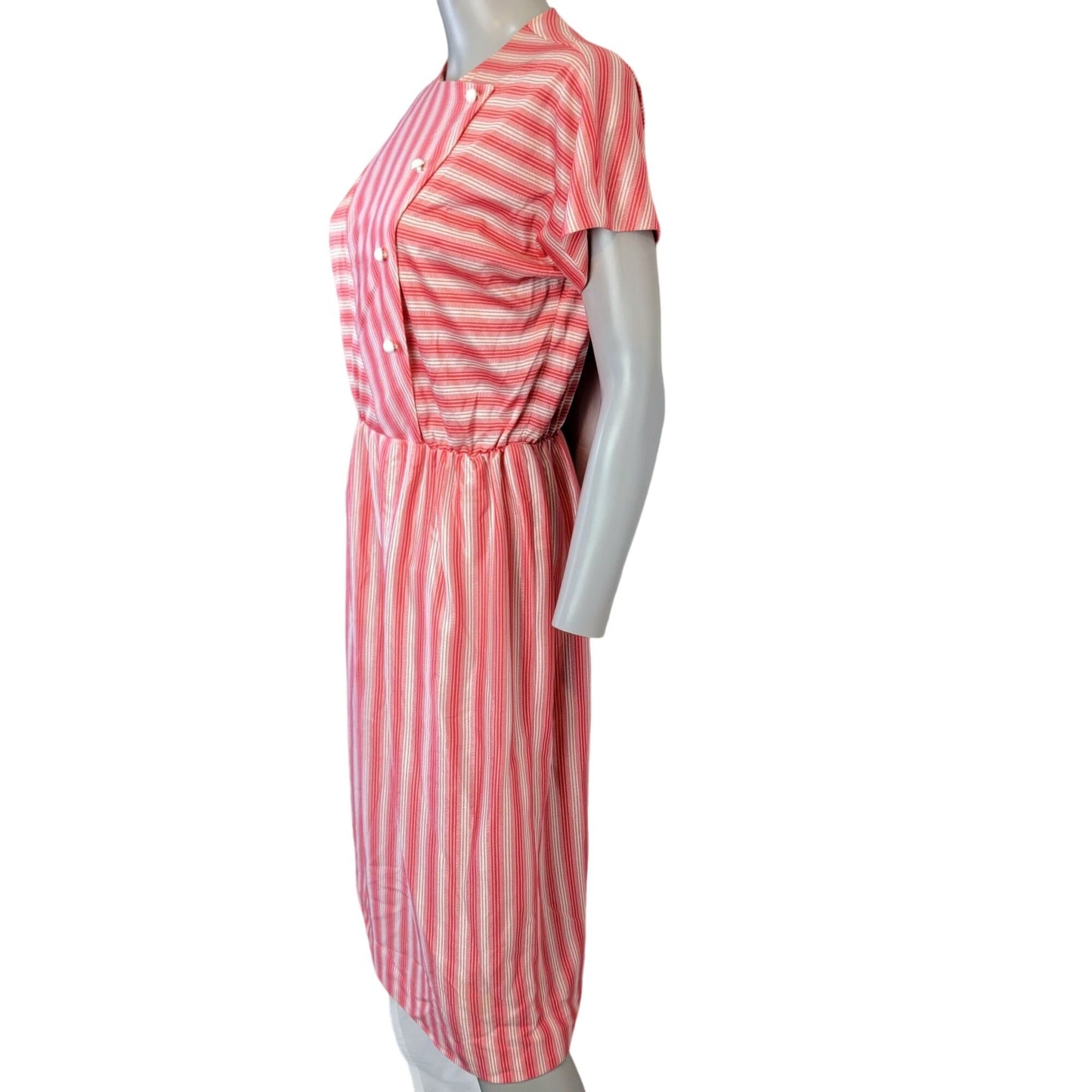 Vintage 50s Retro Stripe Button Dress Women Large Red Short Sleeve Knee Length