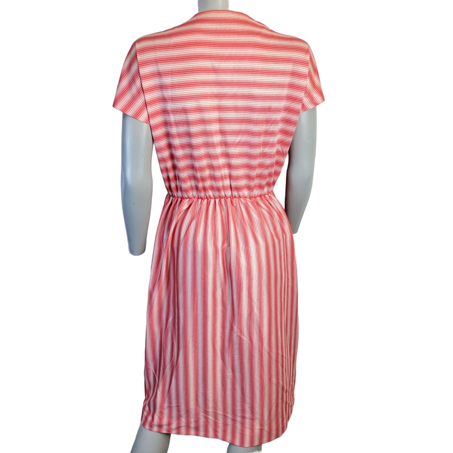 Vintage 50s Retro Stripe Button Dress Women Large Red Short Sleeve Knee Length