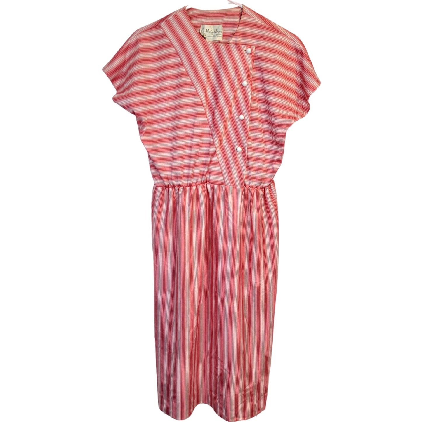 Vintage 50s Retro Stripe Button Dress Women Large Red Short Sleeve Knee Length