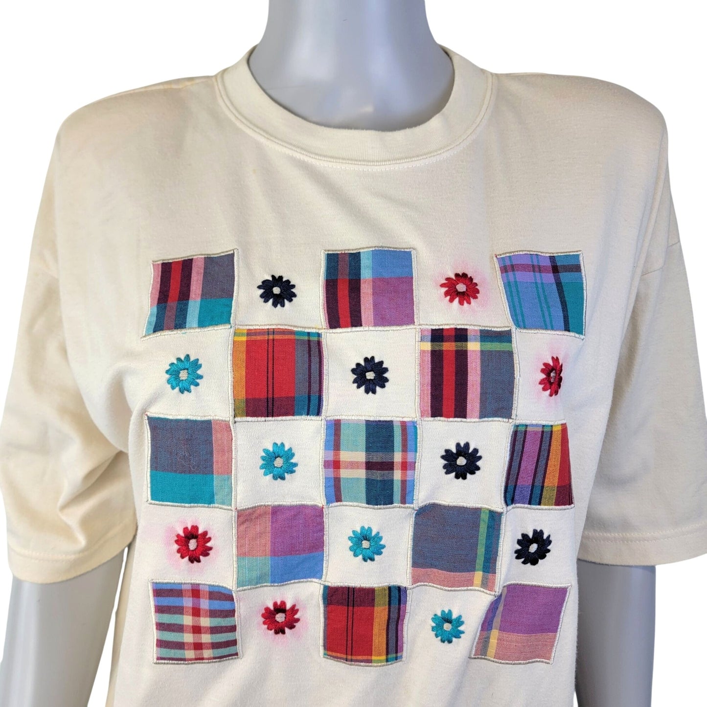 Vintage 90s Embroidered Shirt Women Large 12 Flower Patchwork Plaid Top