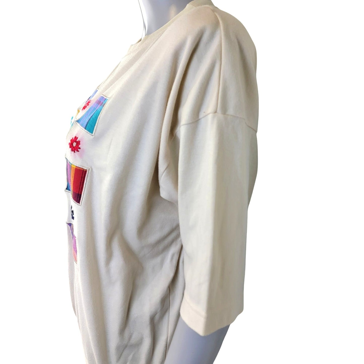 Vintage 90s Embroidered Shirt Women Large 12 Flower Patchwork Plaid Top