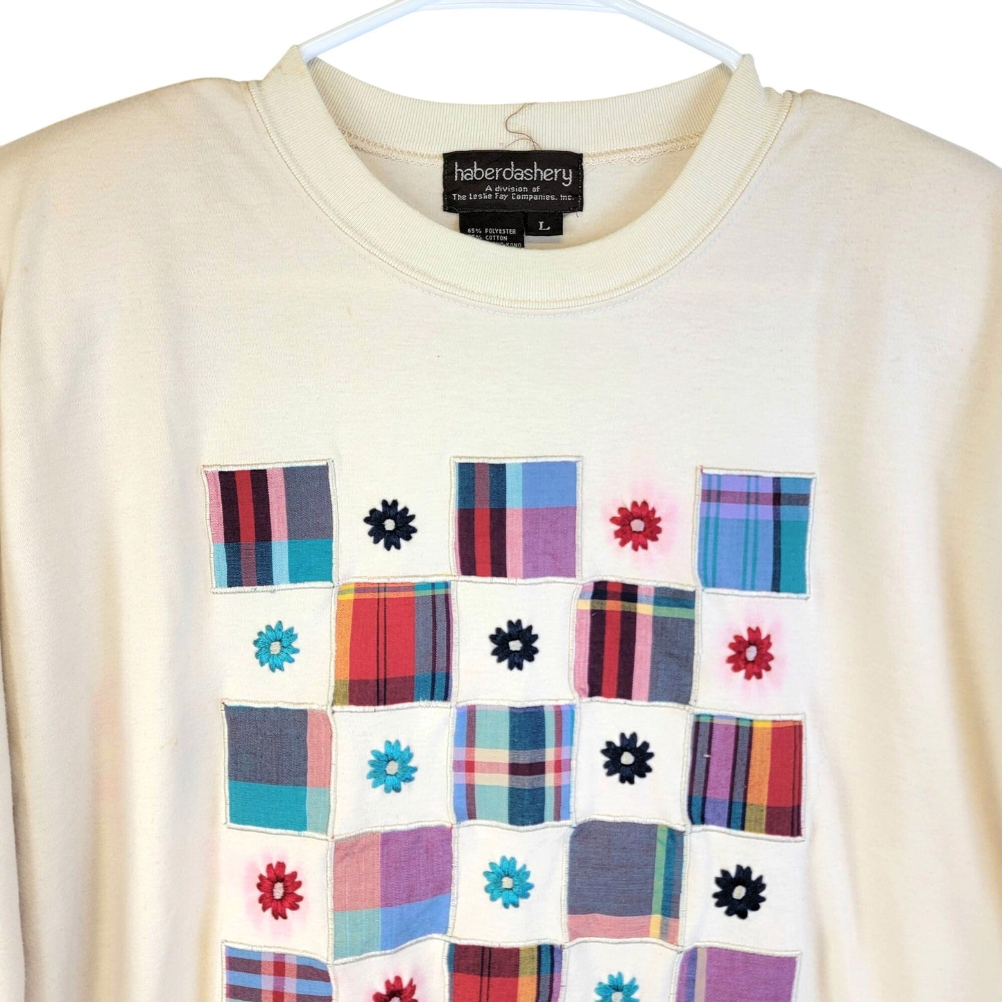 Vintage 90s Embroidered Shirt Women Large 12 Flower Patchwork Plaid Top