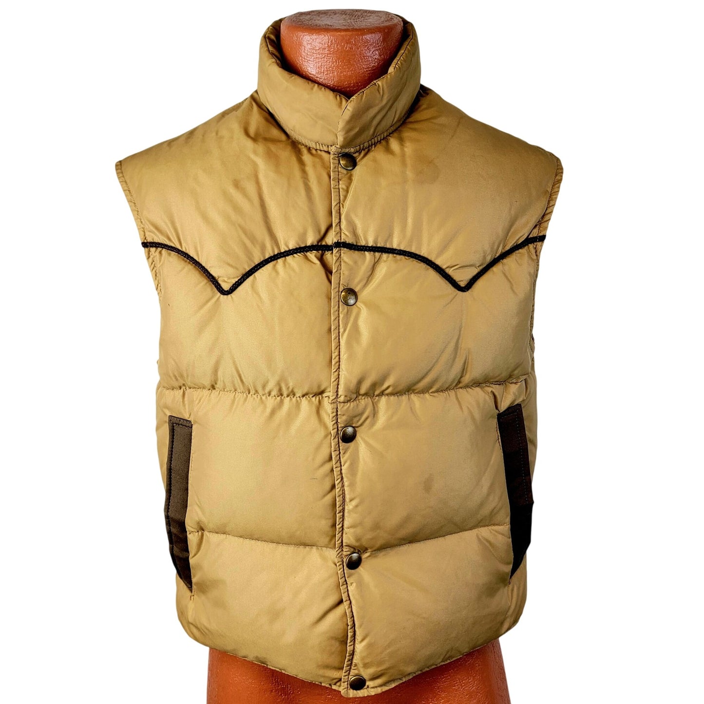 Vintage 70s Down Puff Vest Jacket Men Medium Brown Western Outdoors Coat Winter