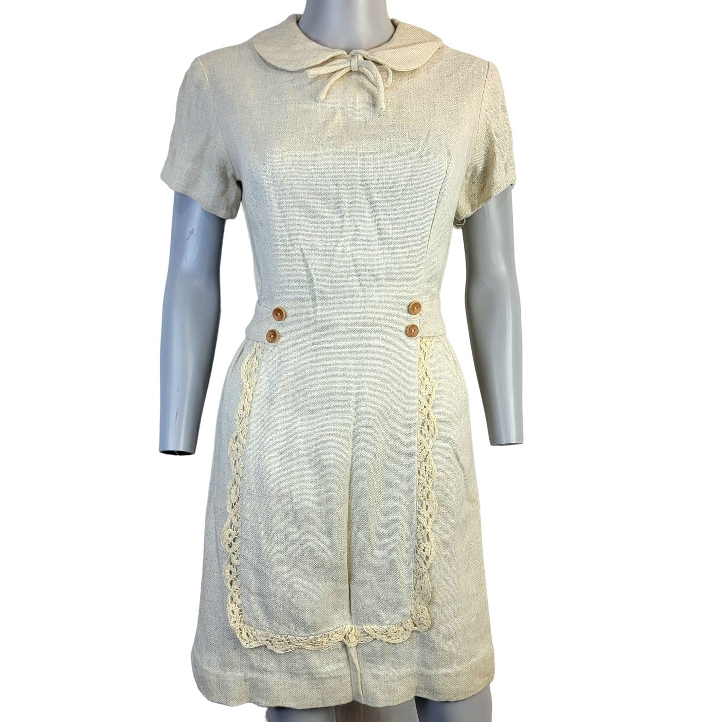 Vintage 60s Linen Mini Sheath Dress Women 8 Beige