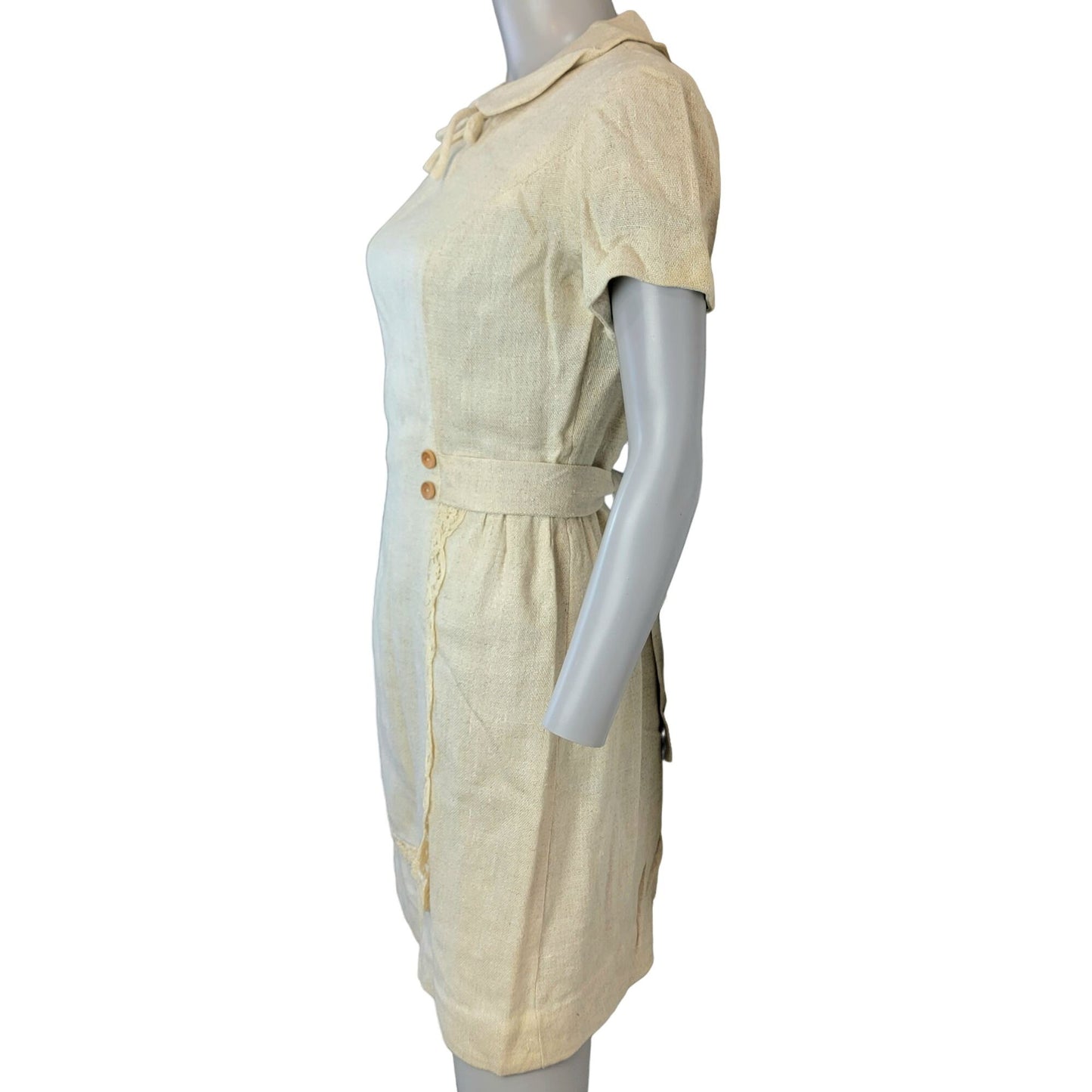 Vintage 60s Linen Mini Sheath Dress Women 8 Beige
