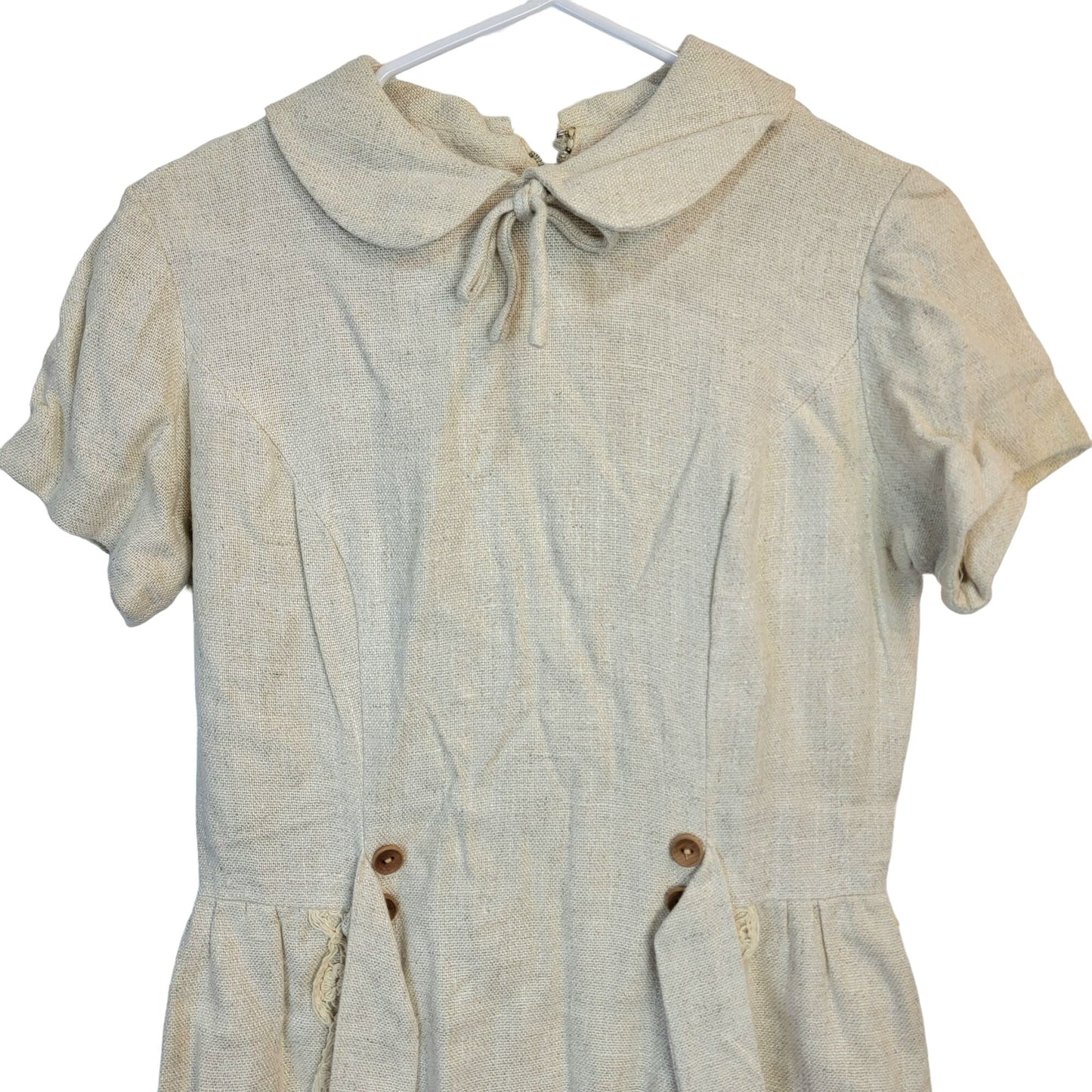 Vintage 60s Linen Mini Sheath Dress Women 8 Beige