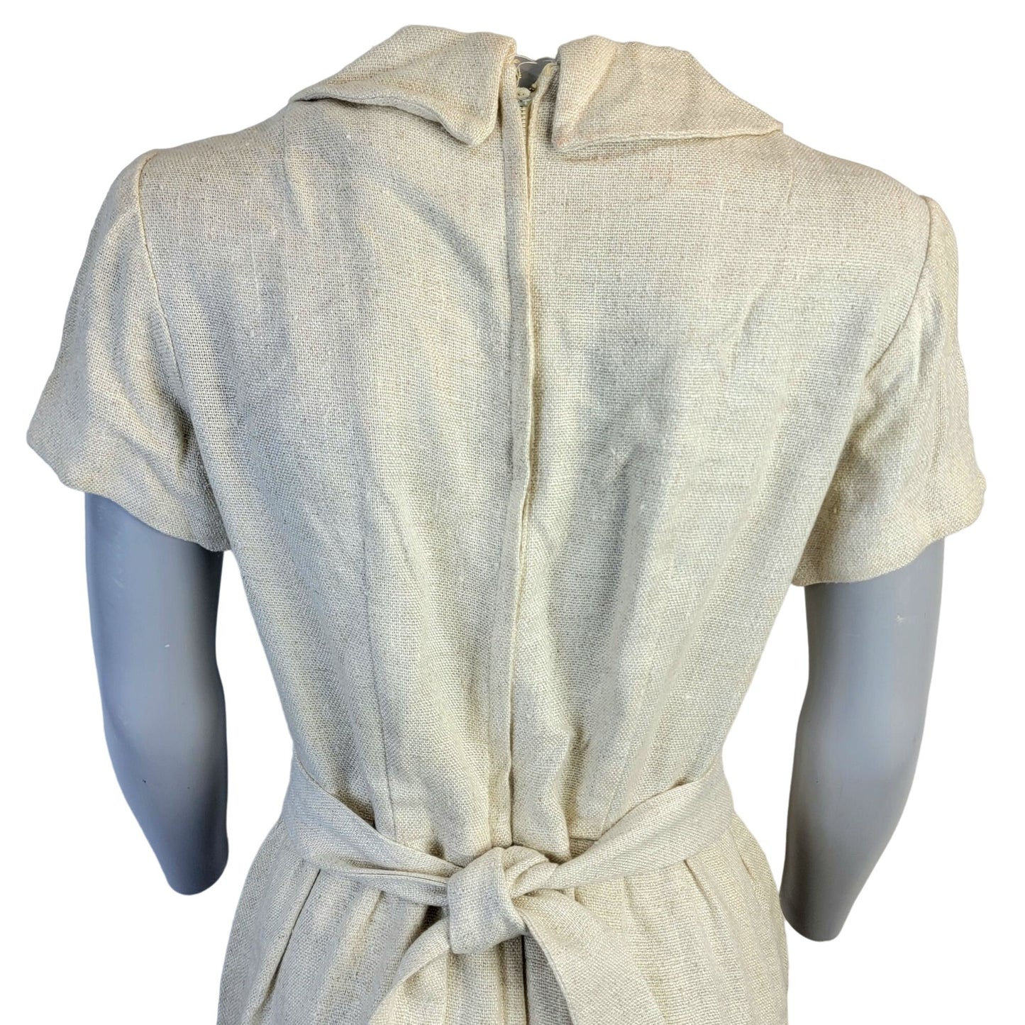 Vintage 60s Linen Mini Sheath Dress Women 8 Beige