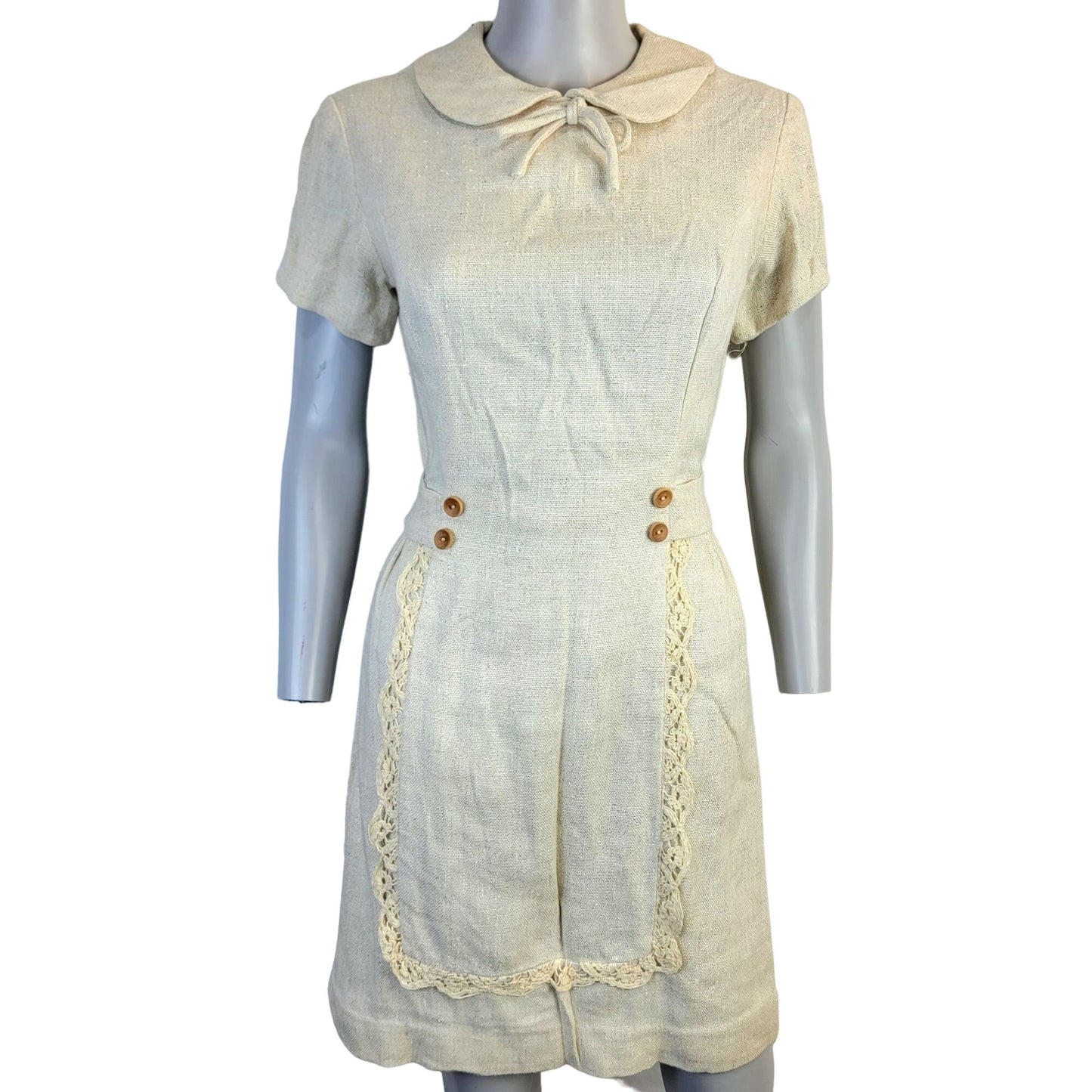 Vintage 60s Linen Mini Sheath Dress Women 8 Beige