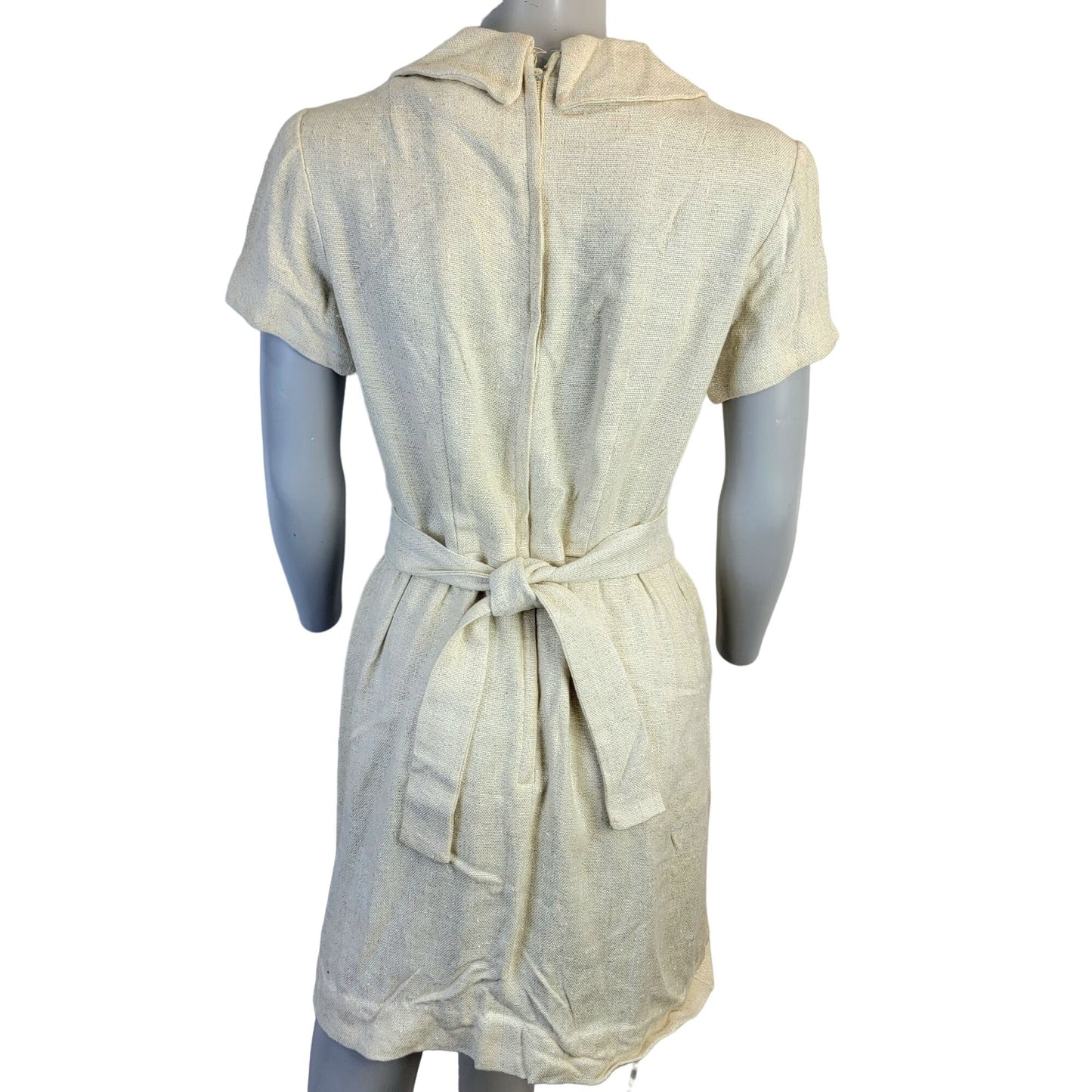 Vintage 60s Linen Mini Sheath Dress Women 8 Beige