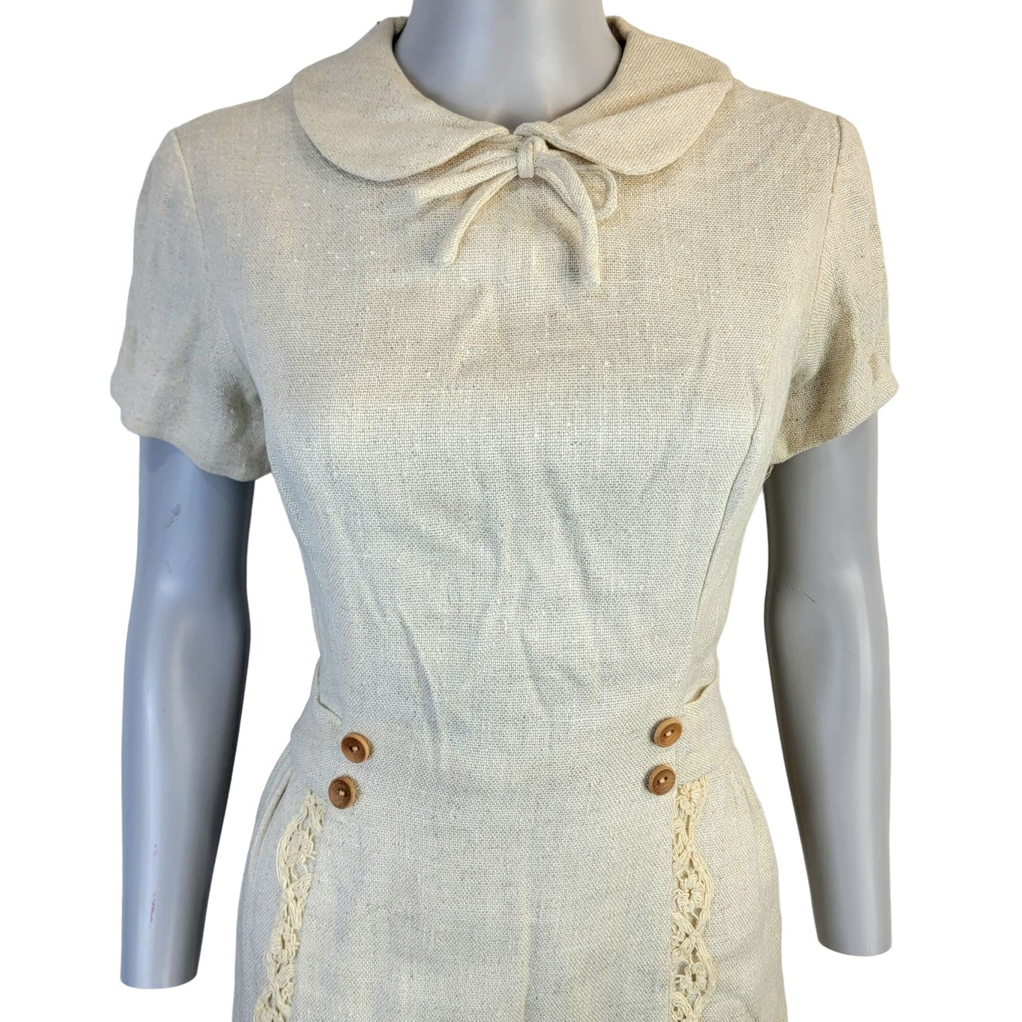 Vintage 60s Linen Mini Sheath Dress Women 8 Beige