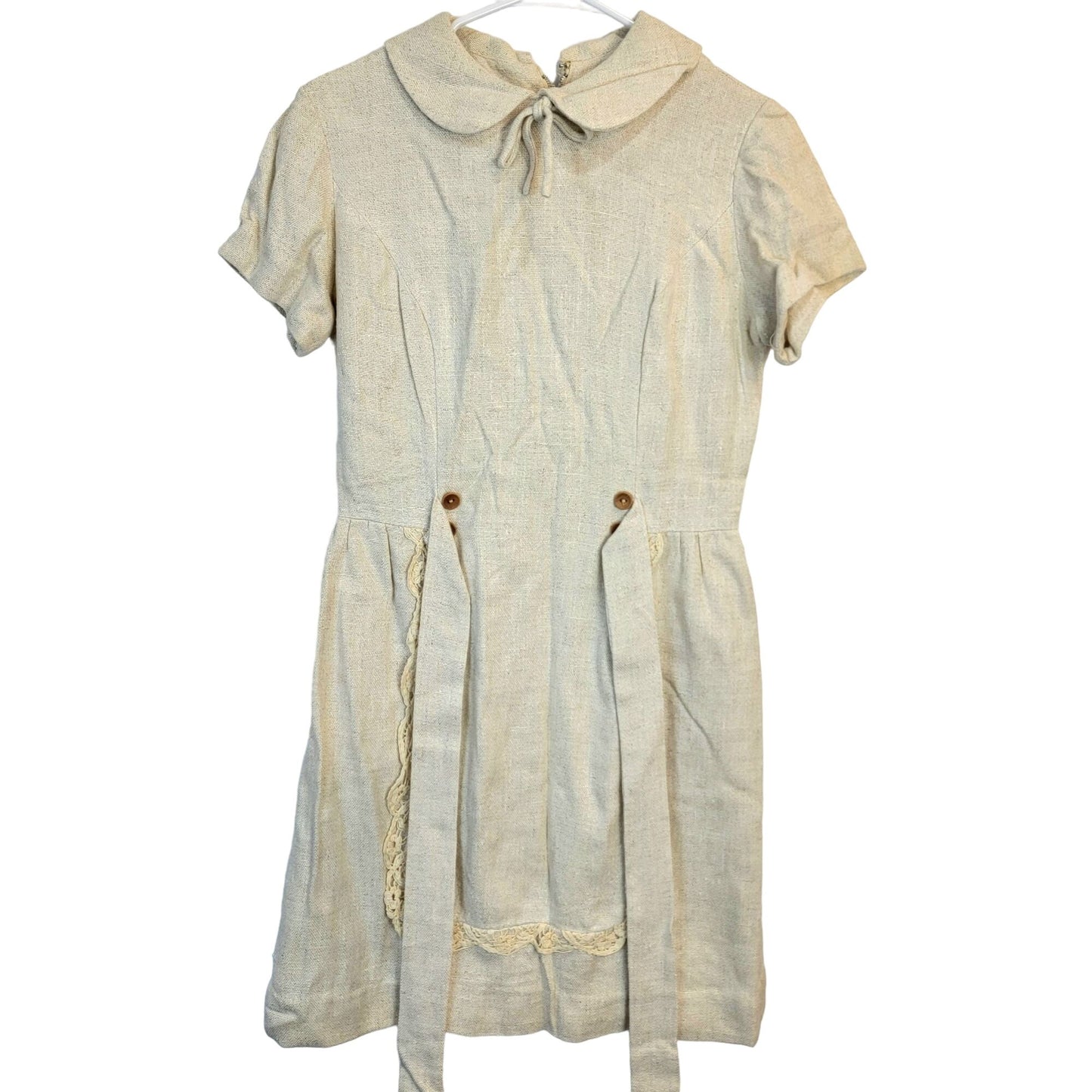 Vintage 60s Linen Mini Sheath Dress Women 8 Beige