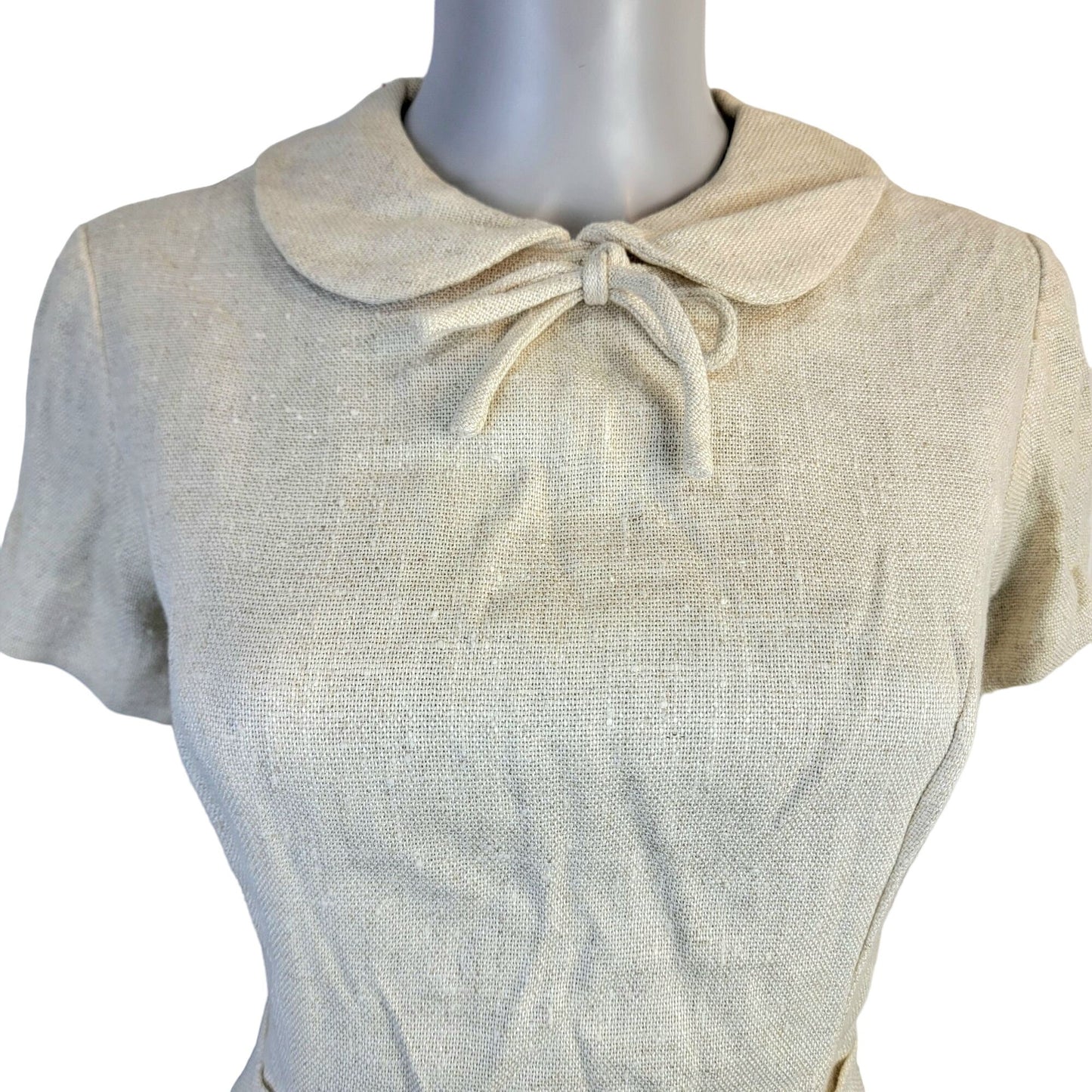 Vintage 60s Linen Mini Sheath Dress Women 8 Beige