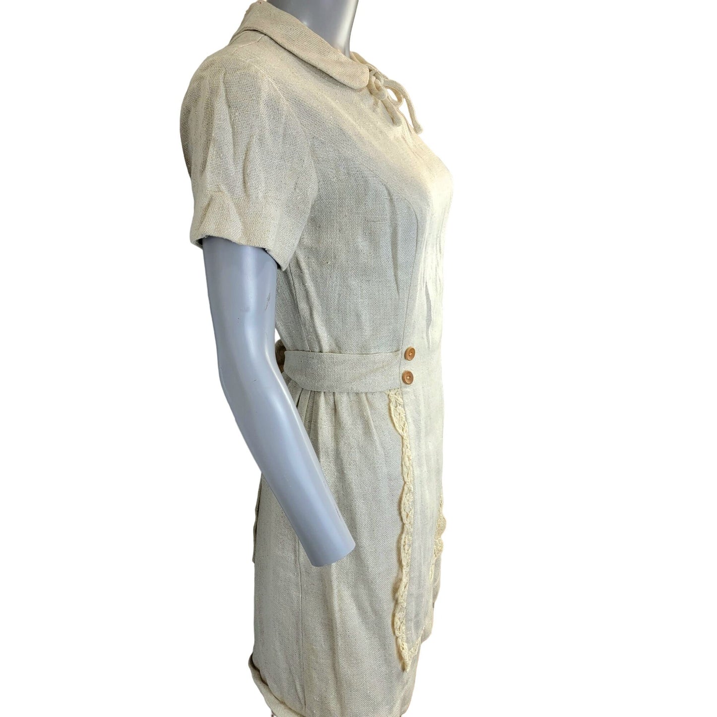 Vintage 60s Linen Mini Sheath Dress Women 8 Beige