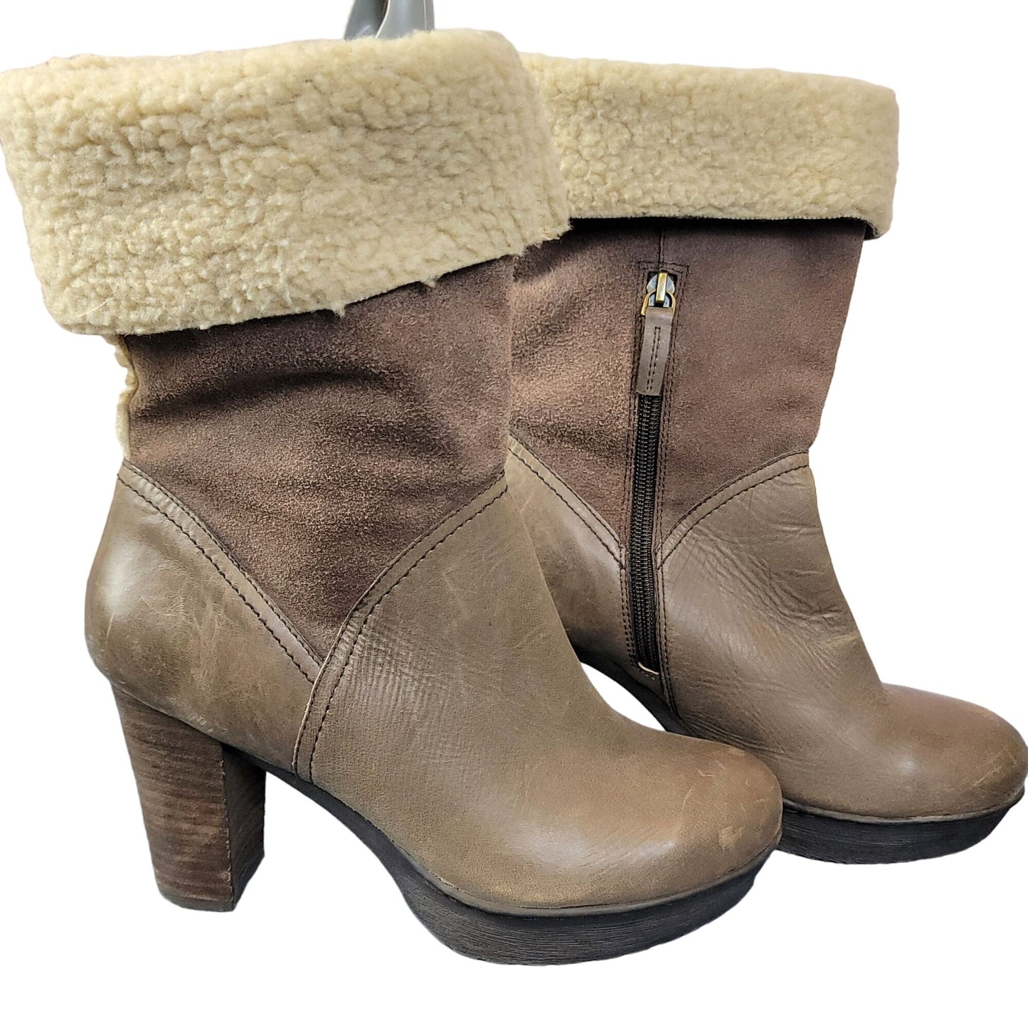 Nicole Platform Suede Boots Brown Sherpa Leather Shoes Heels Size 7.5