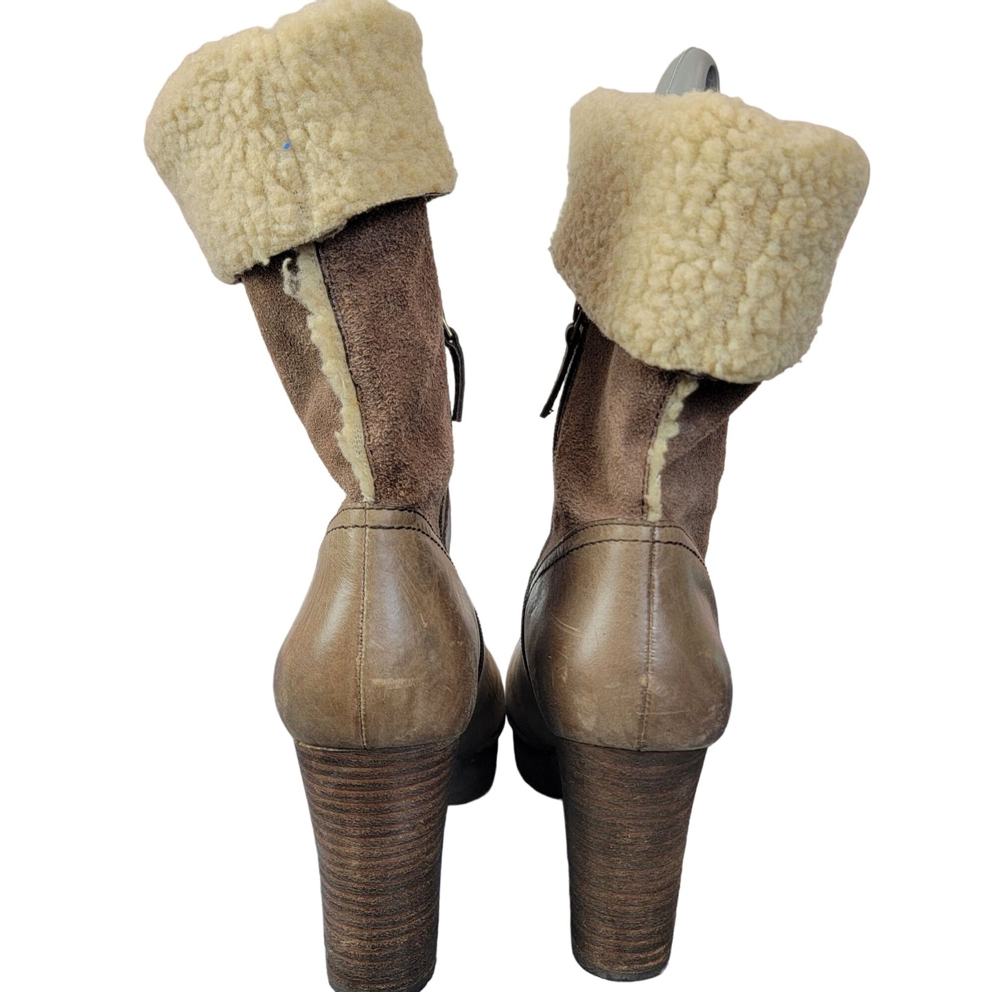 Nicole Platform Suede Boots Brown Sherpa Leather Shoes Heels Size 7.5