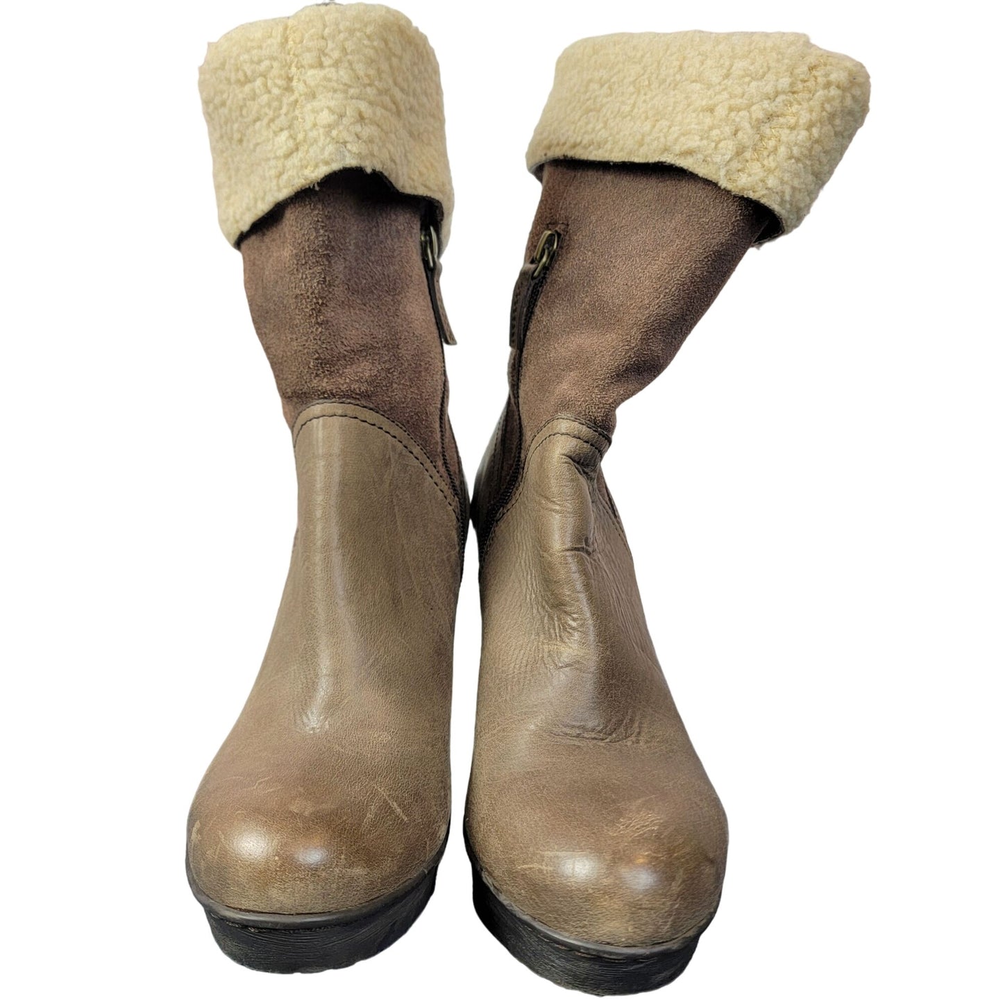 Nicole Platform Suede Boots Brown Sherpa Leather Shoes Heels Size 7.5