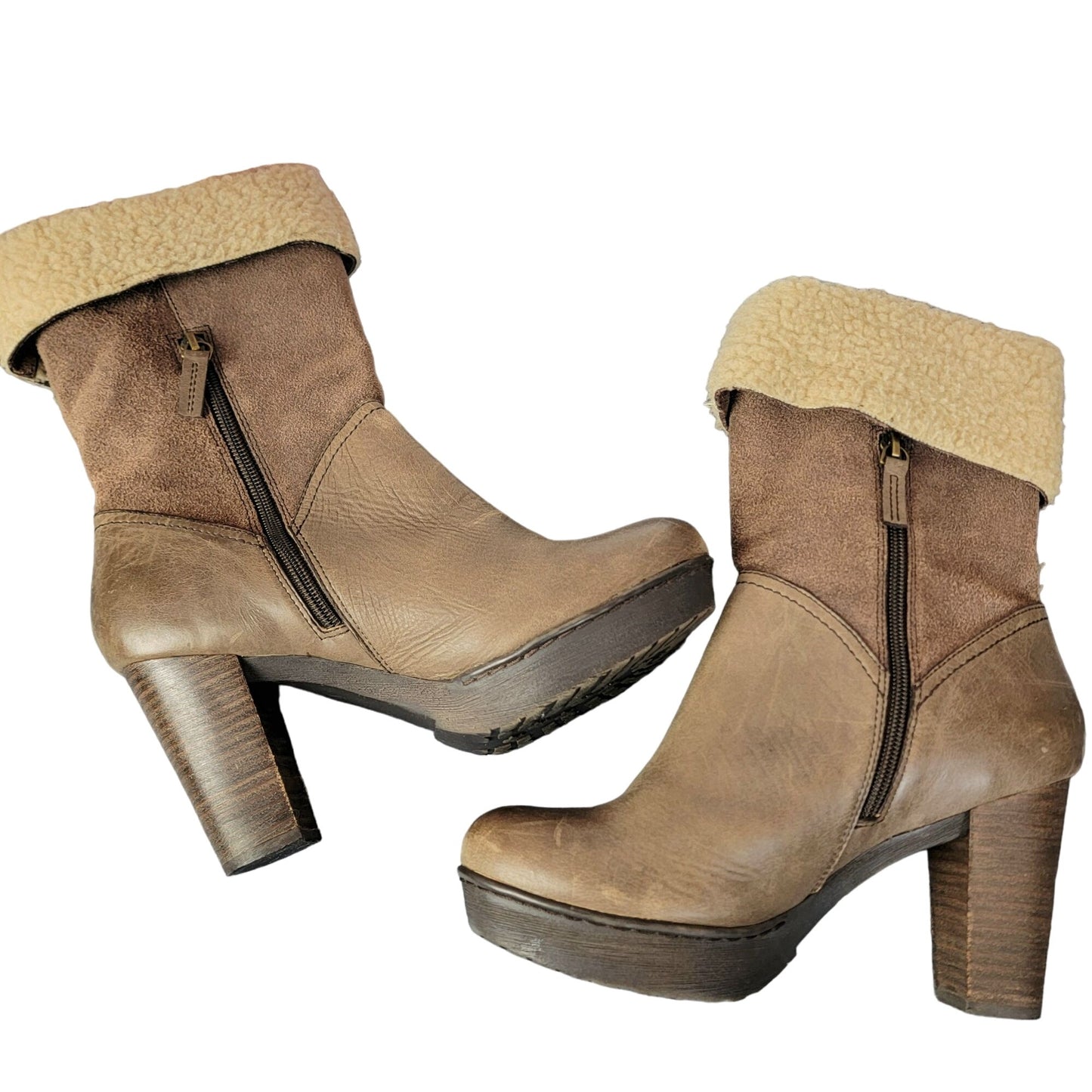 Nicole Platform Suede Boots Brown Sherpa Leather Shoes Heels Size 7.5