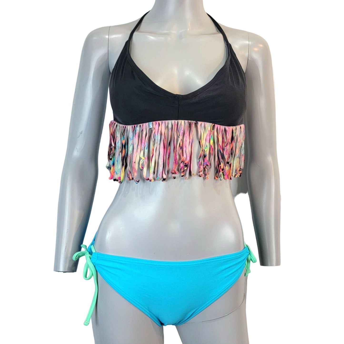 Bongo Vintage Y2K Bikini Women Medium Boho Black Fringe Swim