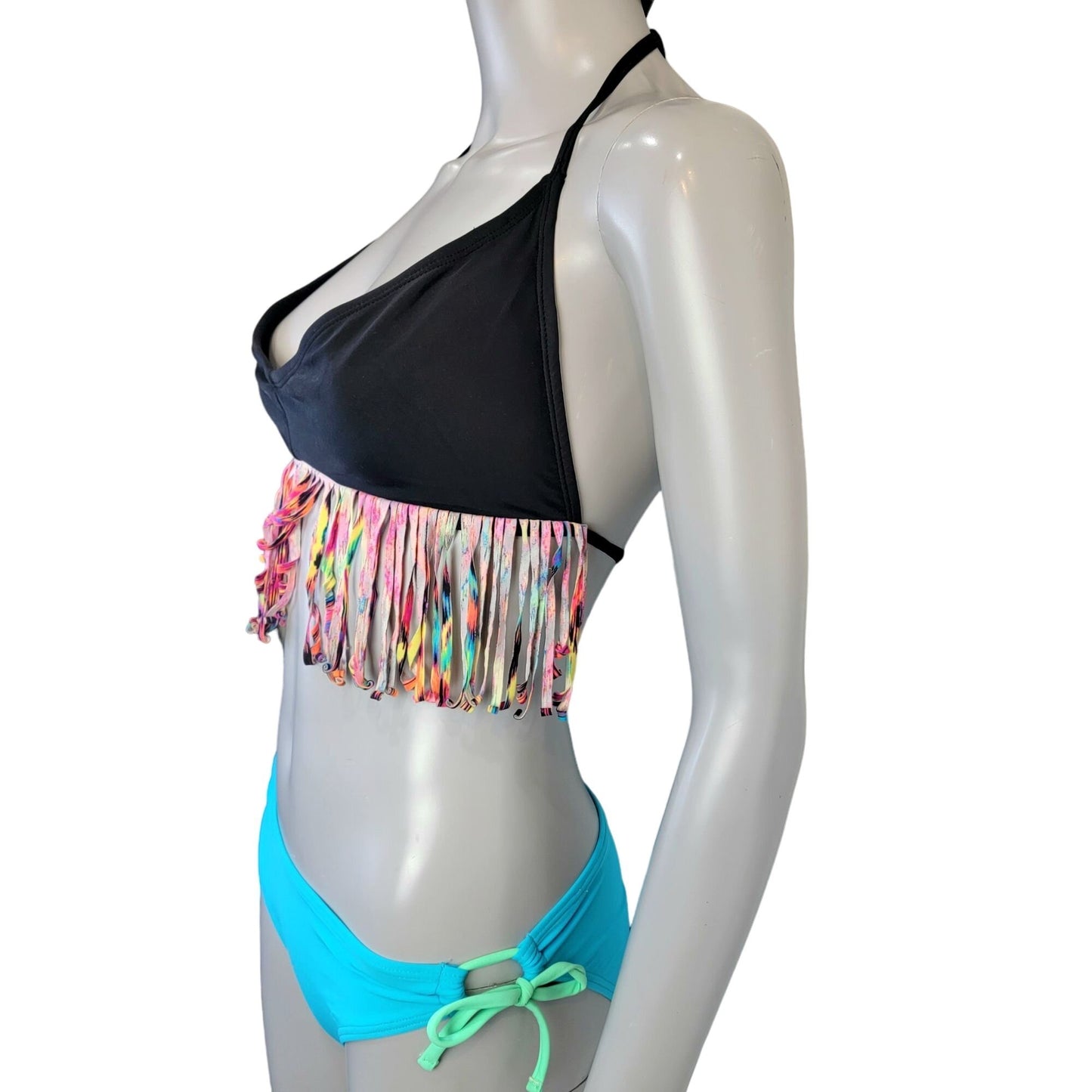 Bongo Vintage Y2K Bikini Women Medium Boho Black Fringe Swim