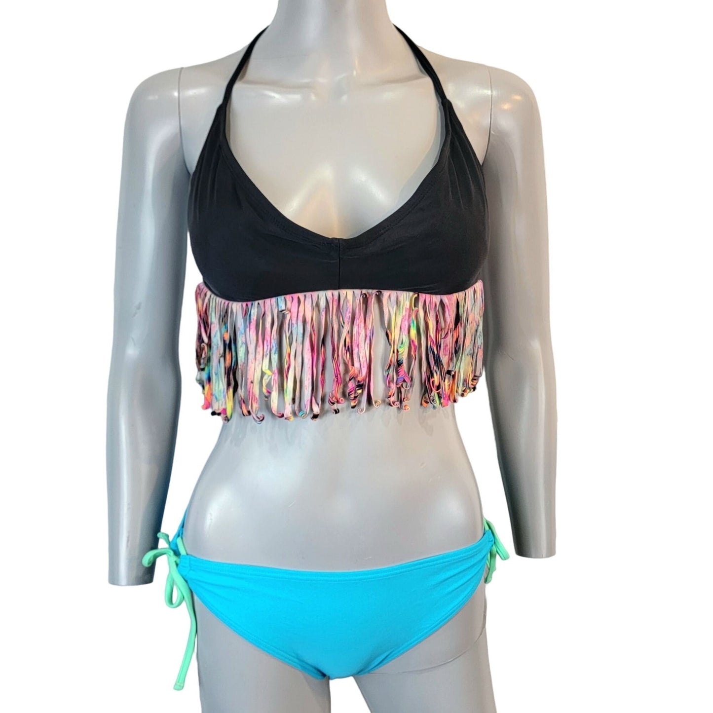 Bongo Vintage Y2K Bikini Women Medium Boho Black Fringe Swim