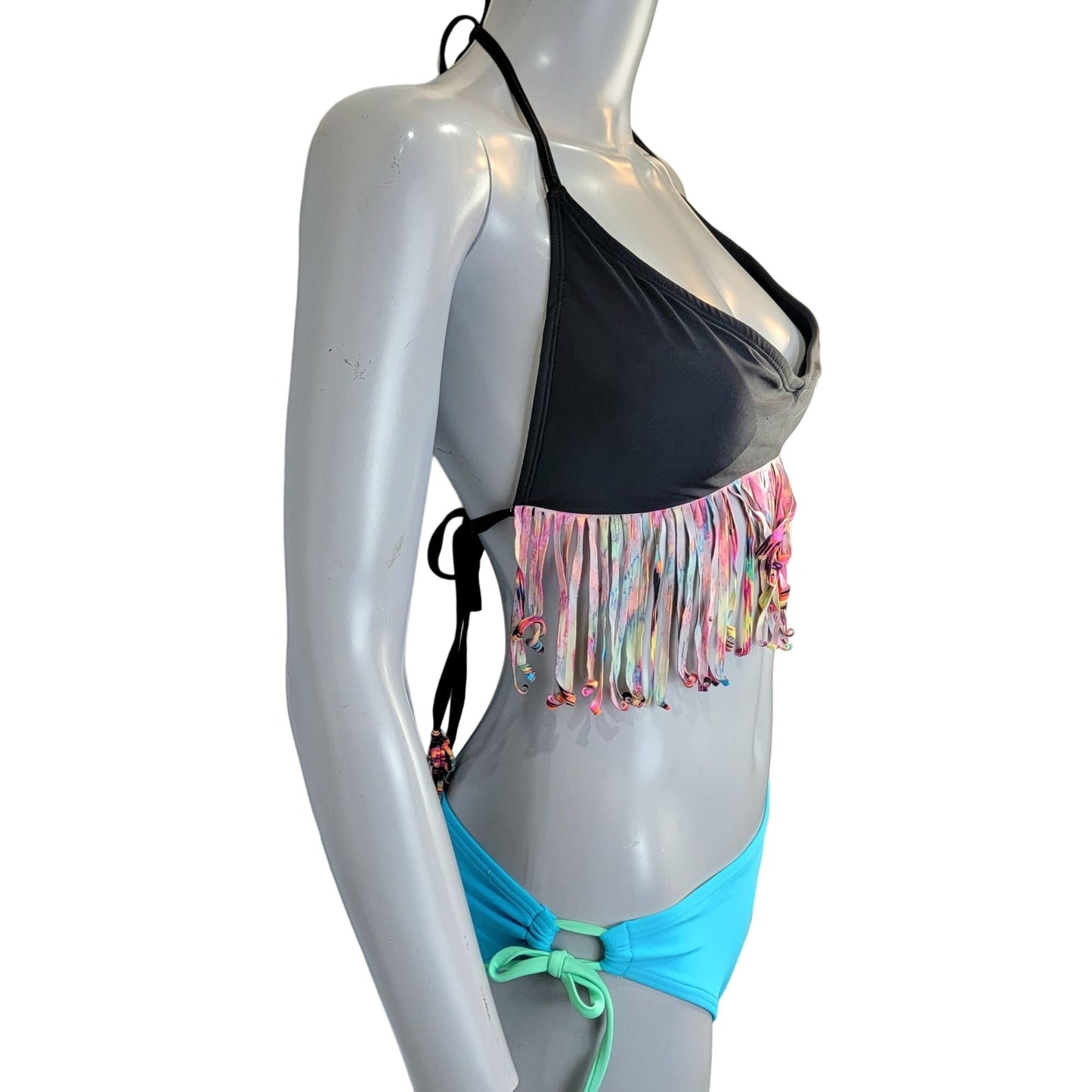 Bongo Vintage Y2K Bikini Women Medium Boho Black Fringe Swim