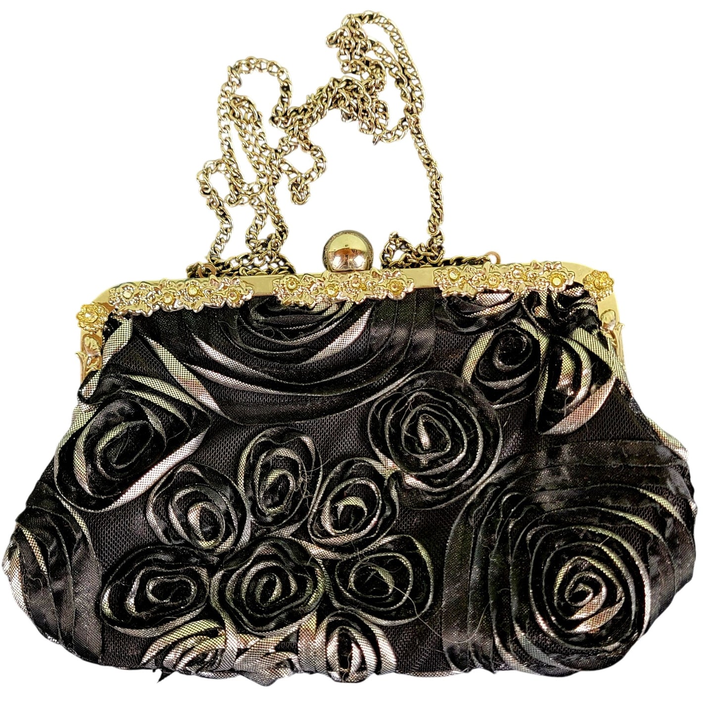Vintage 90s Black Floral Bag Rhinestone Purse Crossbody Handbag Women