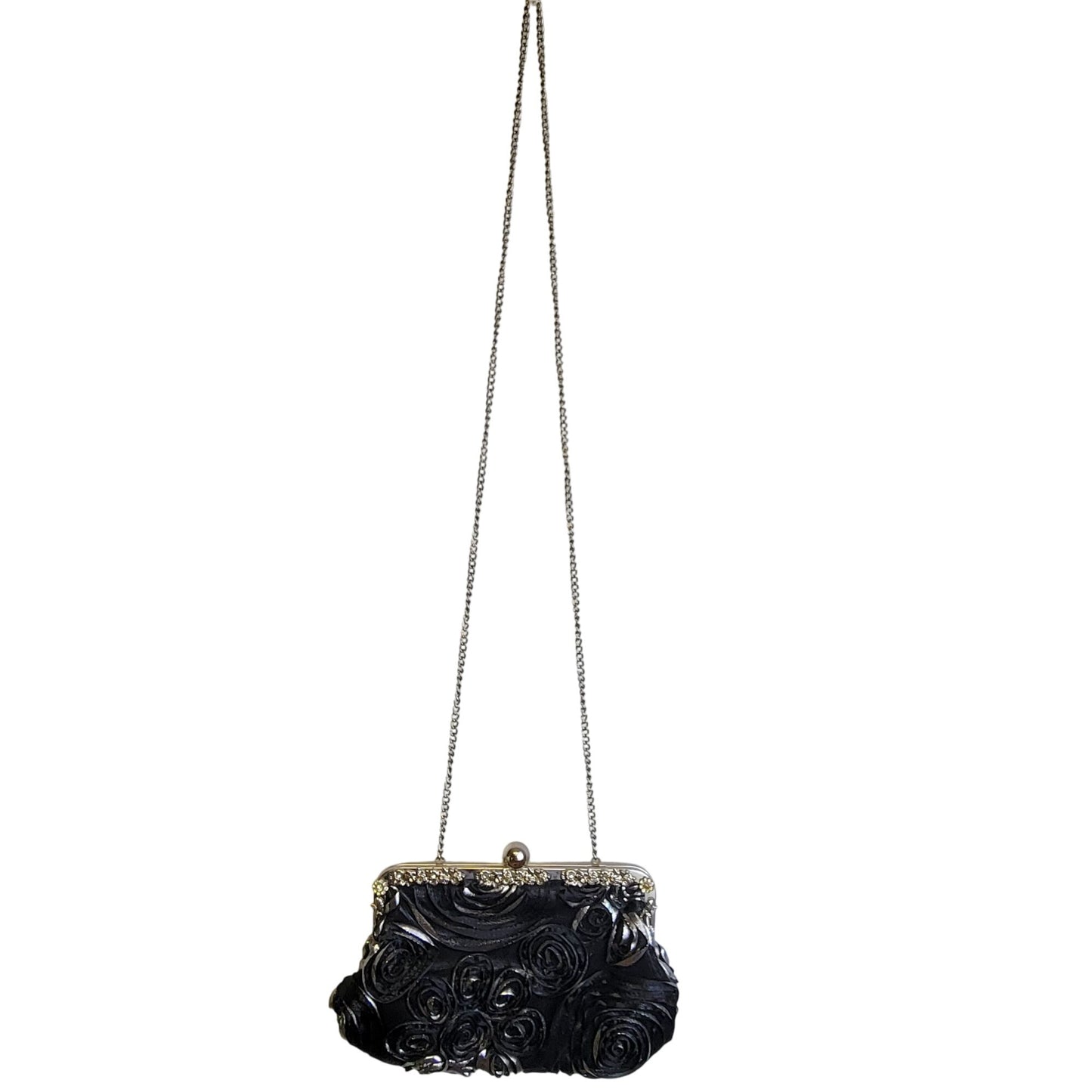 Vintage 90s Black Floral Bag Rhinestone Purse Crossbody Handbag Women