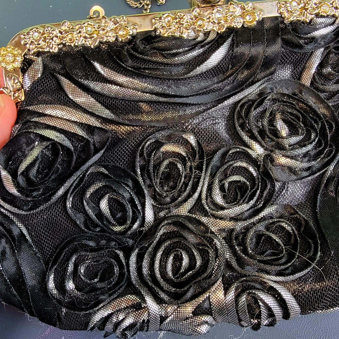 Vintage 90s Black Floral Bag Rhinestone Purse Crossbody Handbag Women