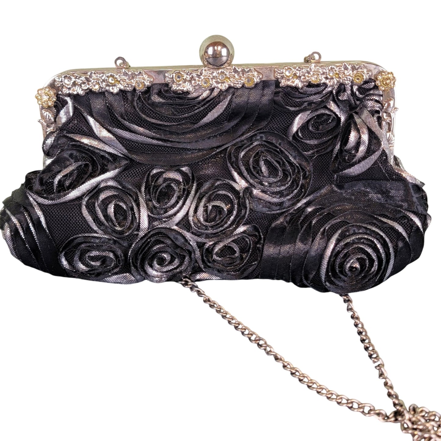 Vintage 90s Black Floral Bag Rhinestone Purse Crossbody Handbag Women