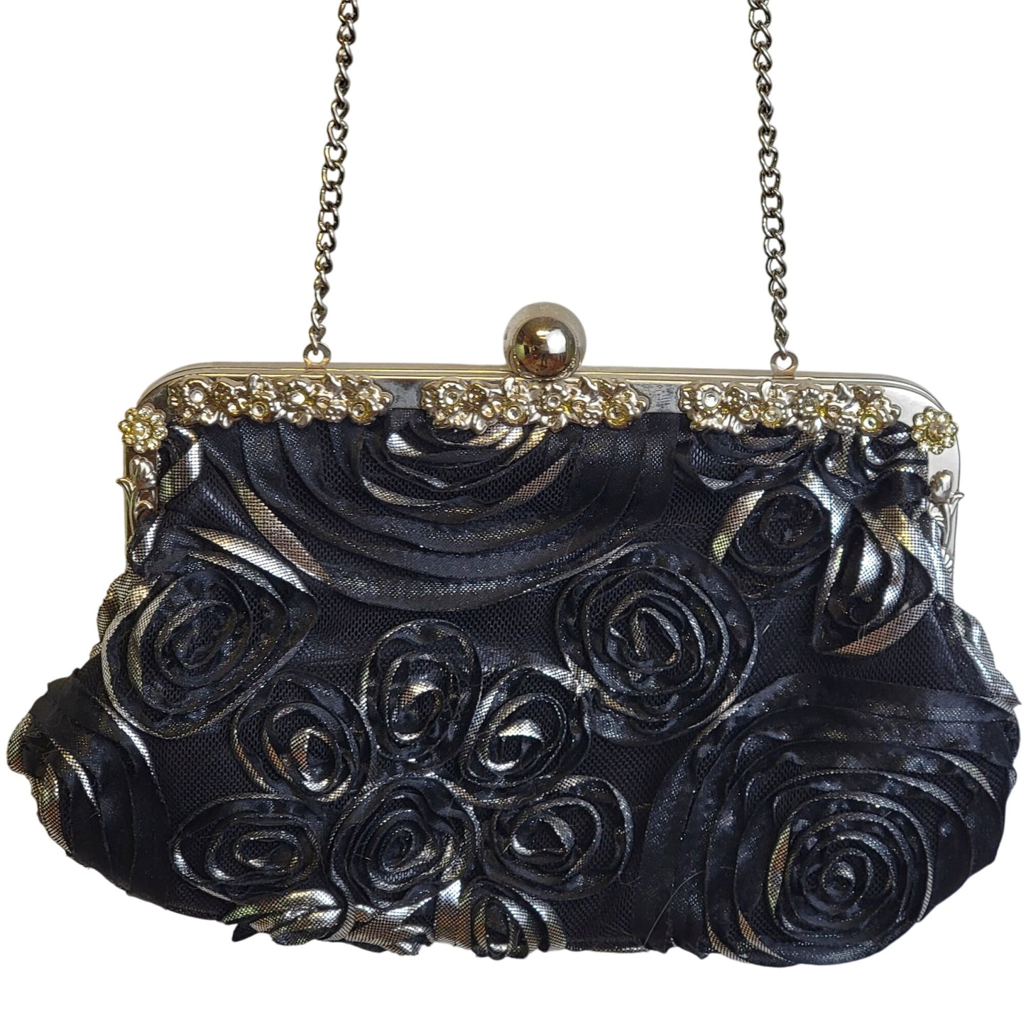 Vintage 90s Black Floral Bag Rhinestone Purse Crossbody Handbag Women