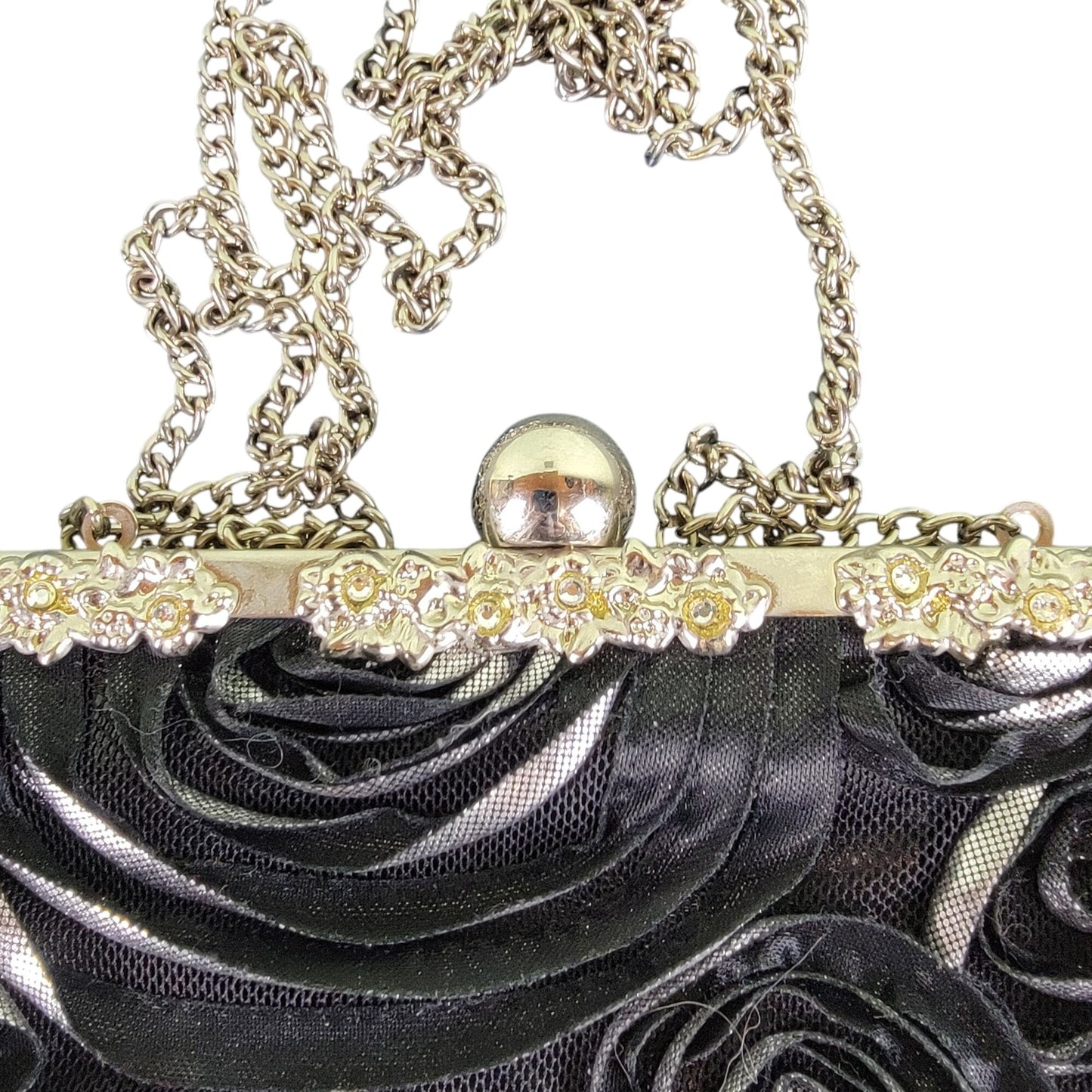 Vintage 90s Black Floral Bag Rhinestone Purse Crossbody Handbag Women