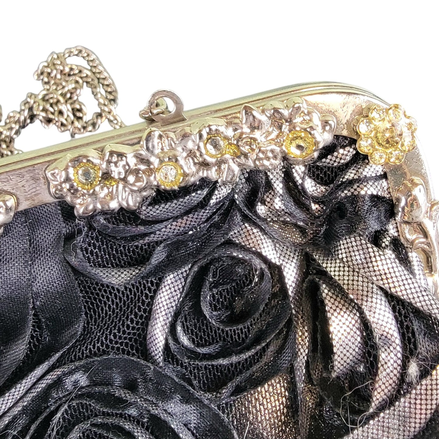 Vintage 90s Black Floral Bag Rhinestone Purse Crossbody Handbag Women