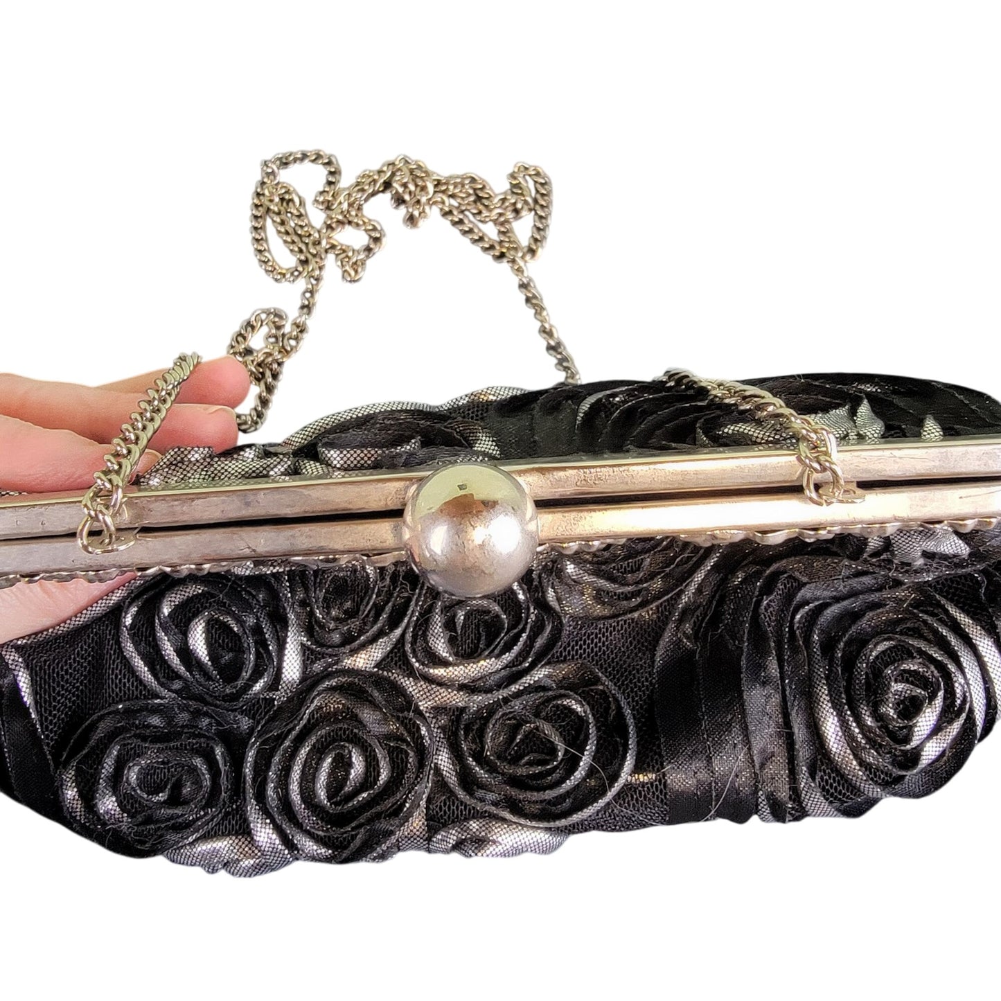 Vintage 90s Black Floral Bag Rhinestone Purse Crossbody Handbag Women