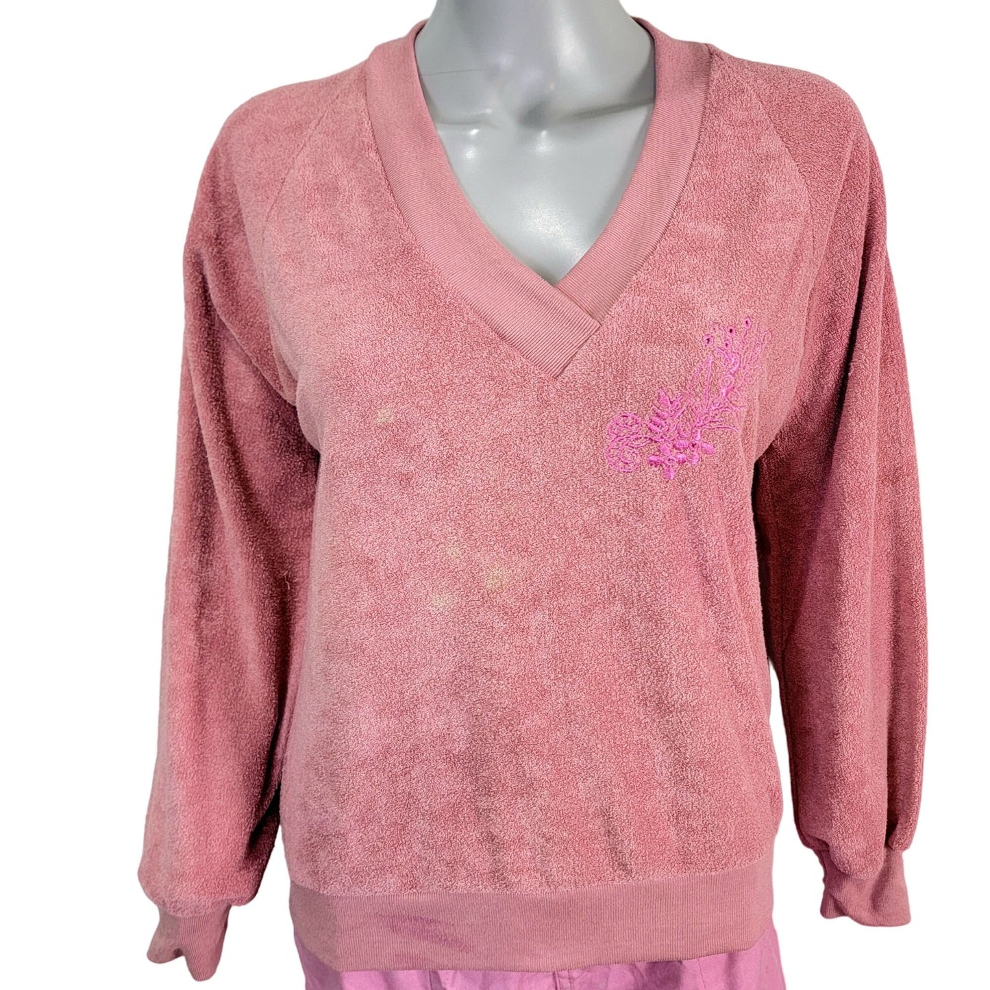 Vintage 70s Terrycloth Sweater Women Large Pink Embroidered