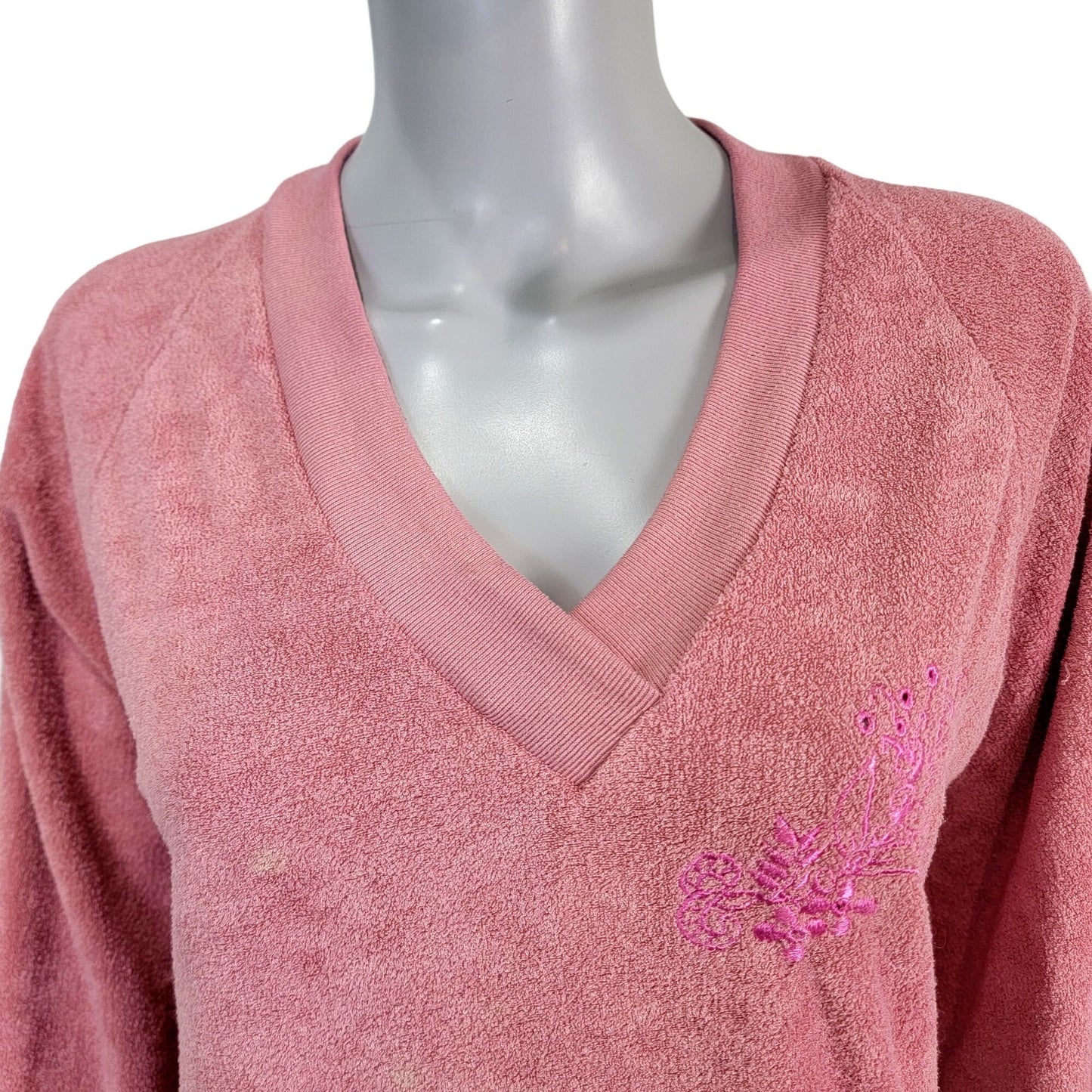 Vintage 70s Terrycloth Sweater Women Large Pink Embroidered